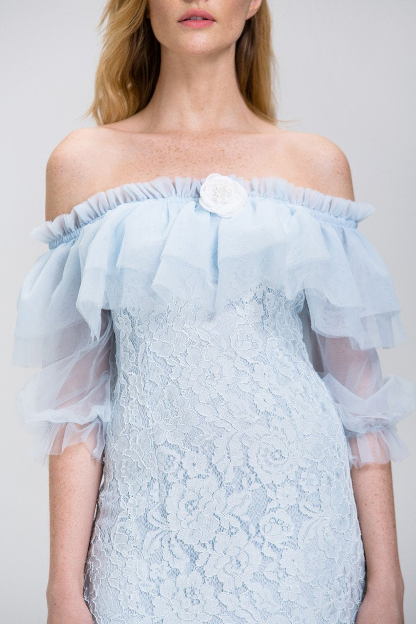 Enchanted Blue Lace Tulle Ruffle Off the Shoulder Mini Dress