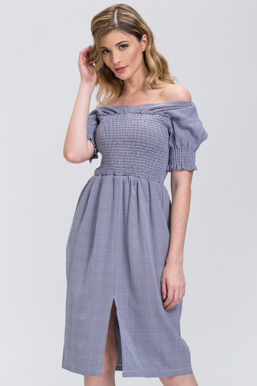 Glen Plaid Elastic Body Midi Dress