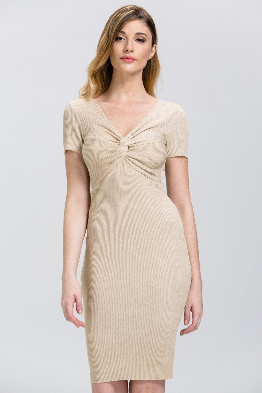 Dima Al Sheikhly - Gold Glimmer Sleeved Bodycon Midi Dress