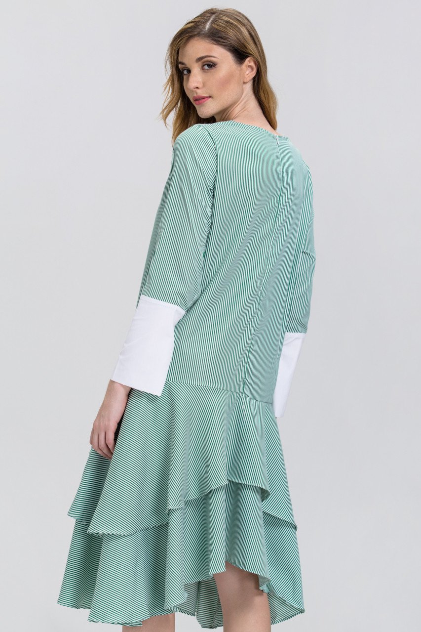 Green Candy Stripe Cuffed Sleeve Ruffle Skirt Midi Dress