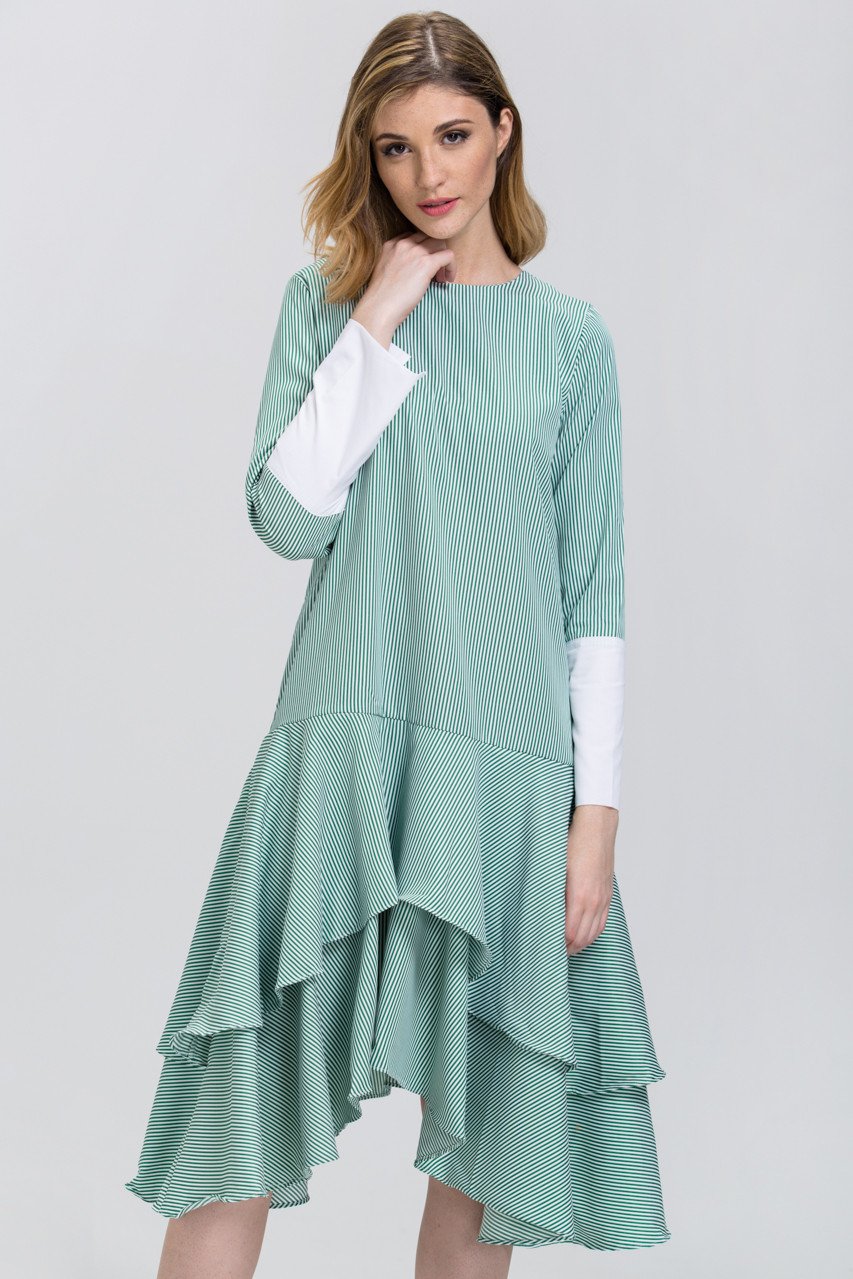 Green Candy Stripe Cuffed Sleeve Ruffle Skirt Midi Dress