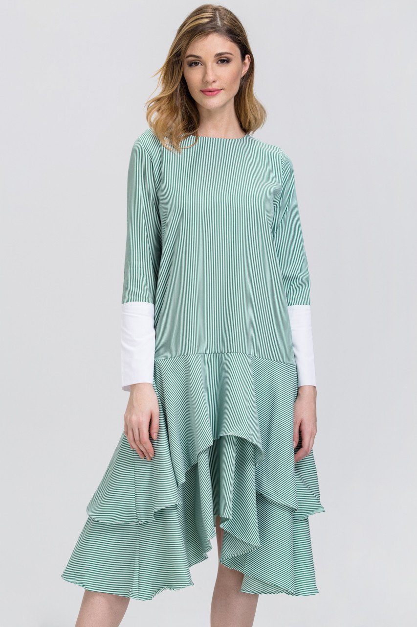 Green Candy Stripe Cuffed Sleeve Ruffle Skirt Midi Dress
