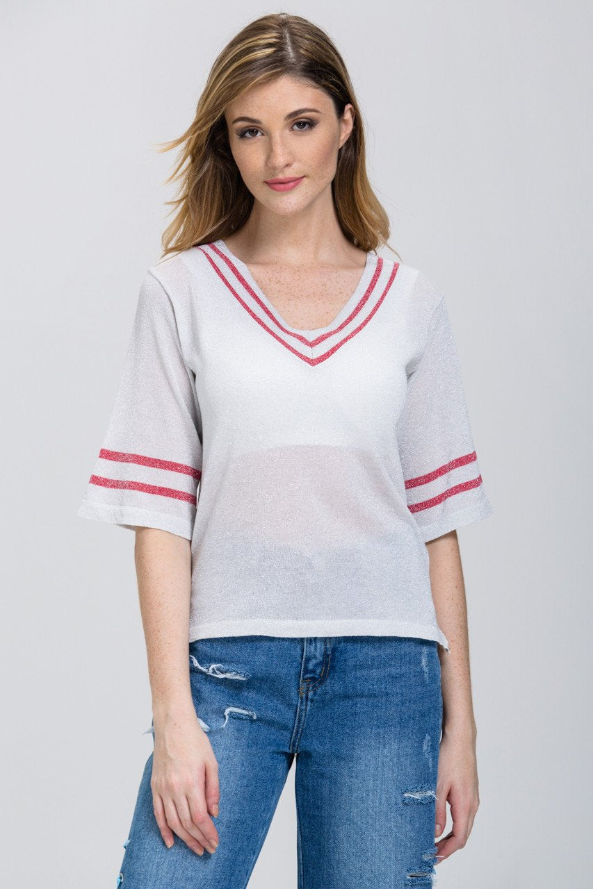 Grey Shimmer V-neck Flare Sleeve Top
