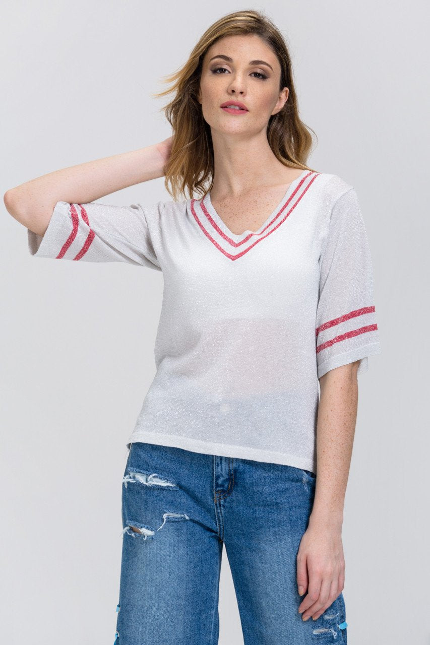 Grey Shimmer V-neck Flare Sleeve Top
