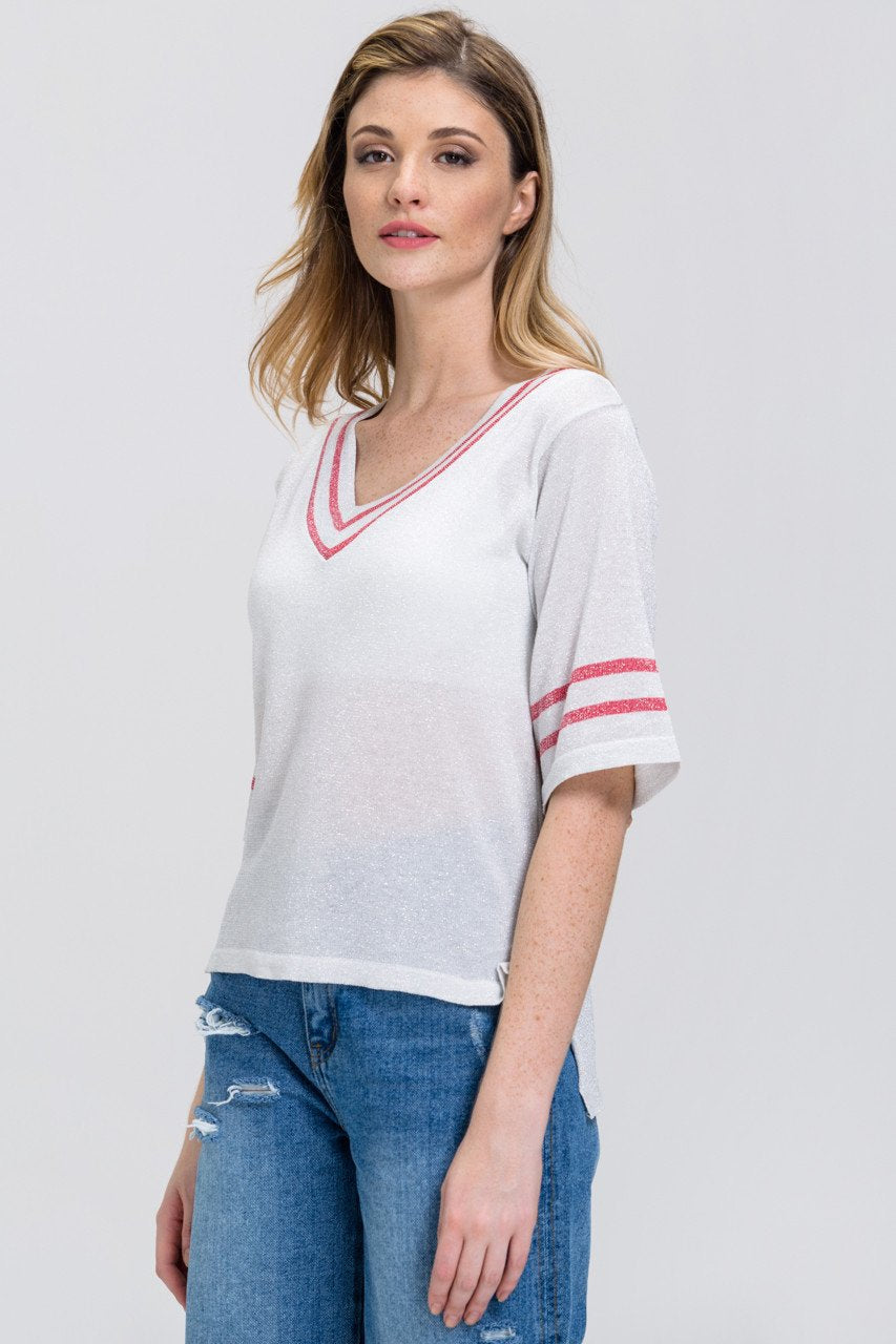 Grey Shimmer V-neck Flare Sleeve Top