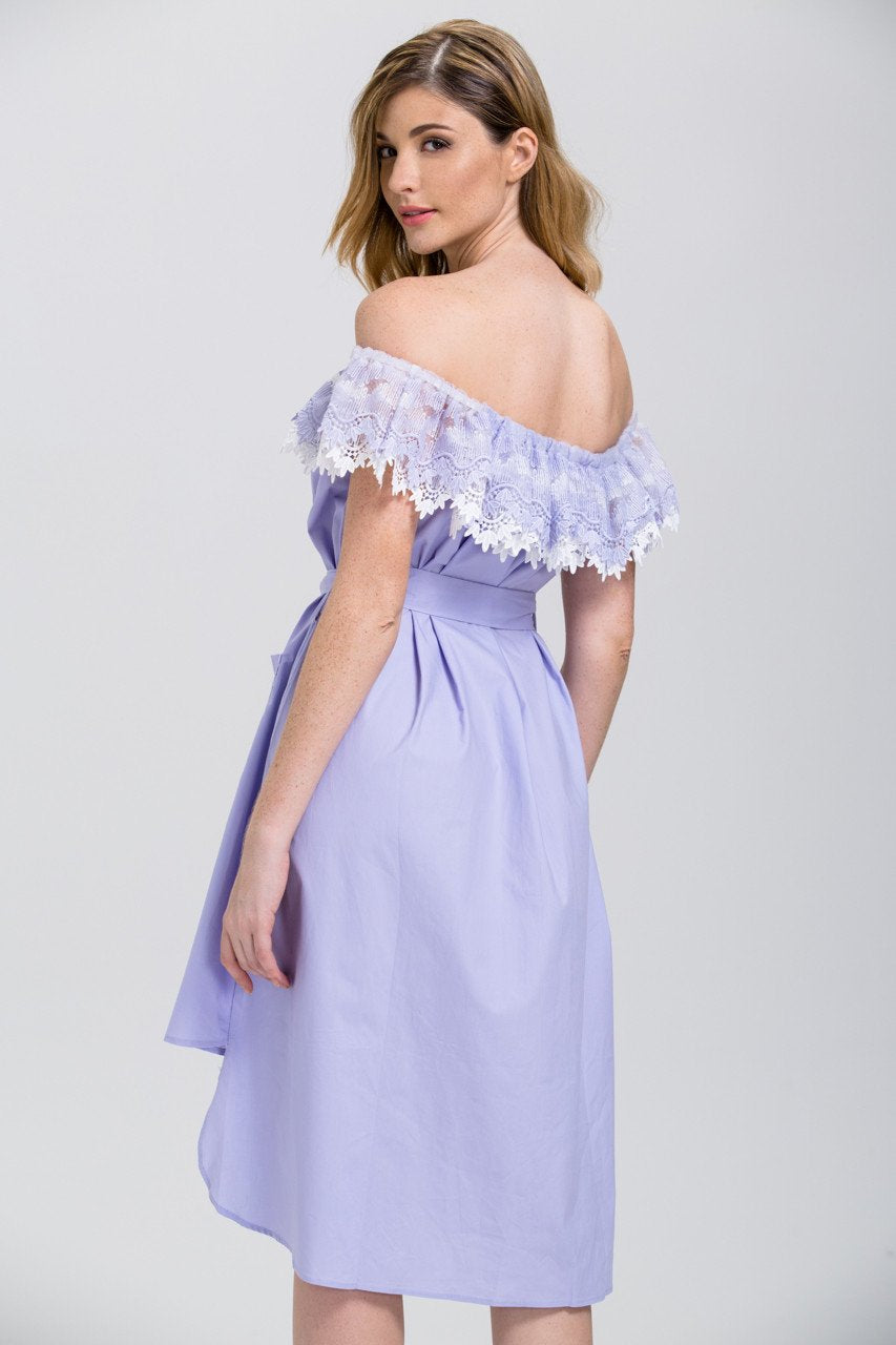 Lavender Lace Off the Shoulder Shirt Midi Dress