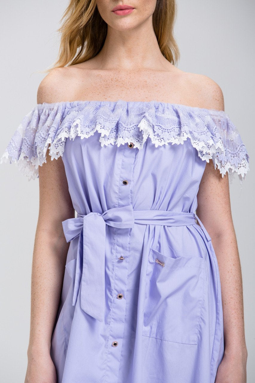 Lavender Lace Off the Shoulder Shirt Midi Dress