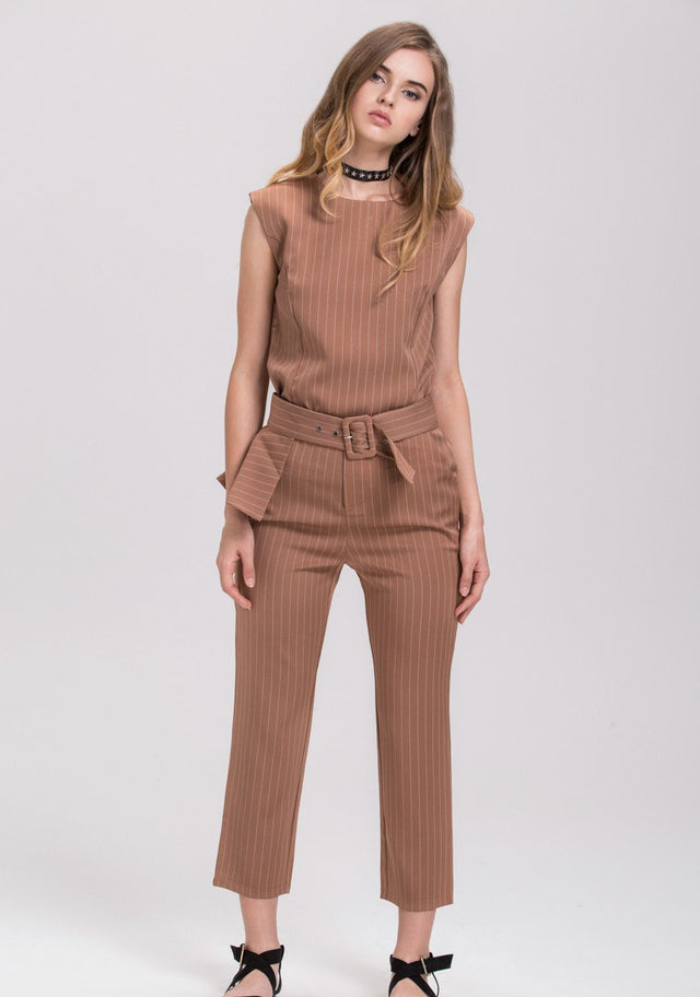 Mocha Pin Stripe Sleeveless Pantsuit Set