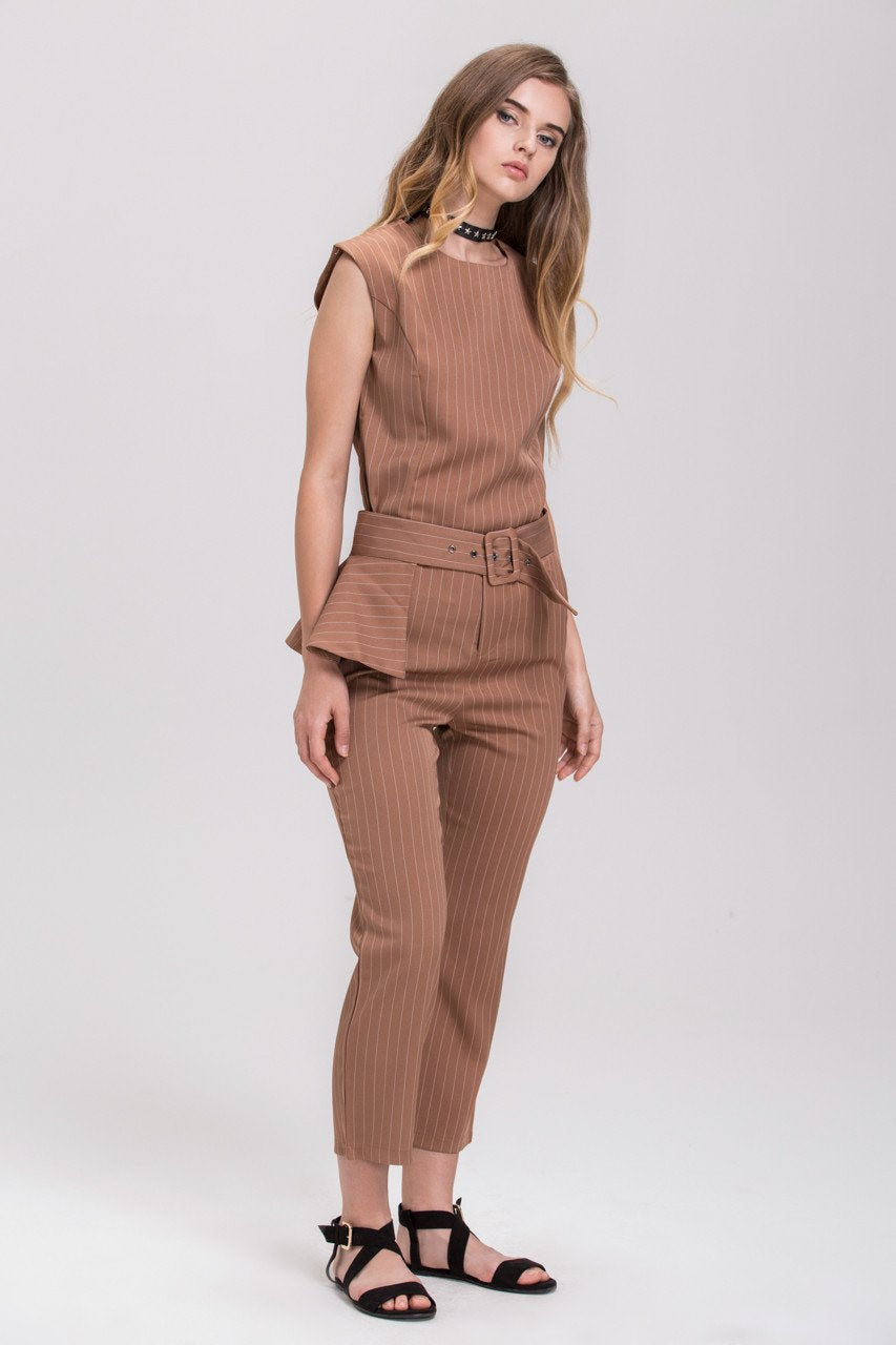 Mocha Pin Stripe Sleeveless Pantsuit Set