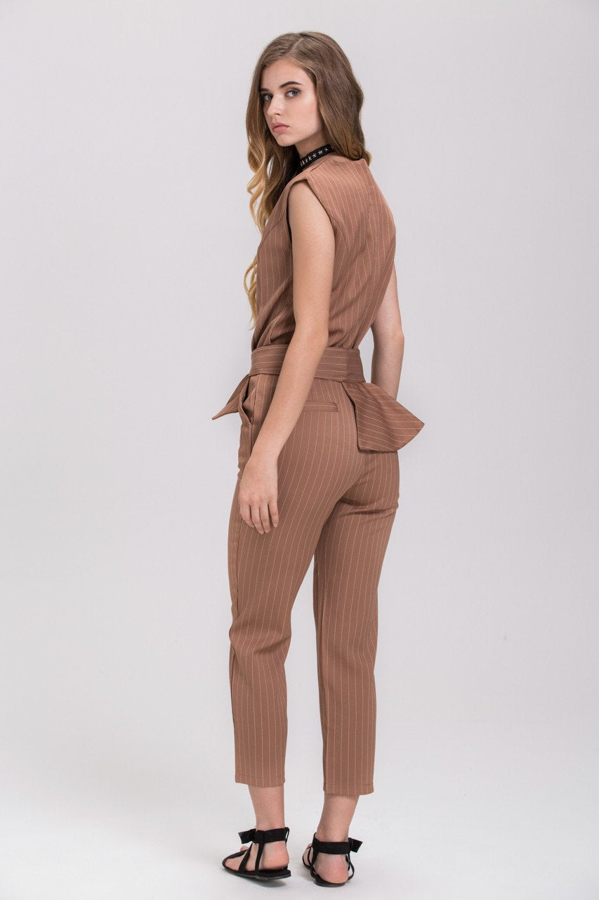 Mocha Pin Stripe Sleeveless Pantsuit Set