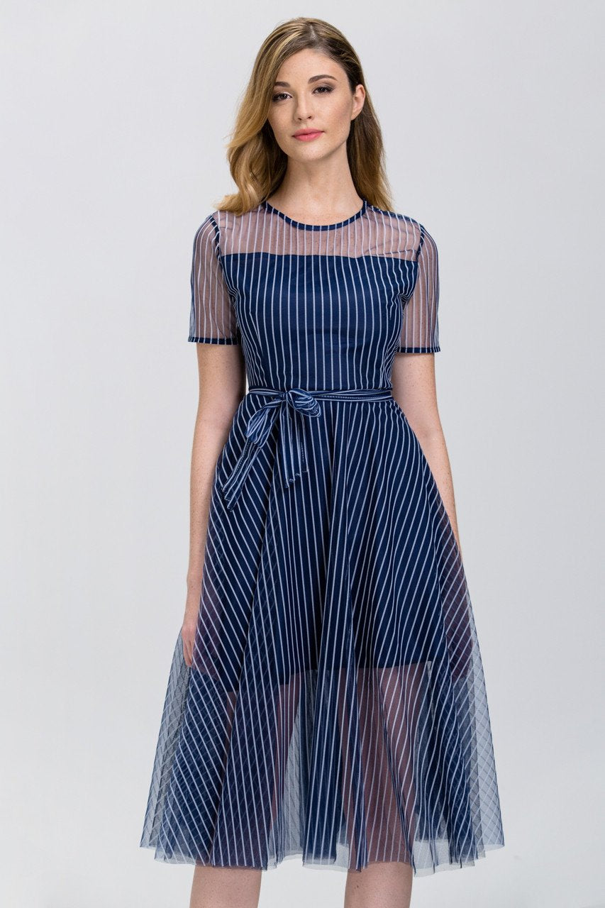 Navy Blue Stripe (Soft Tulle )Sheer Sleeve Midi Dress