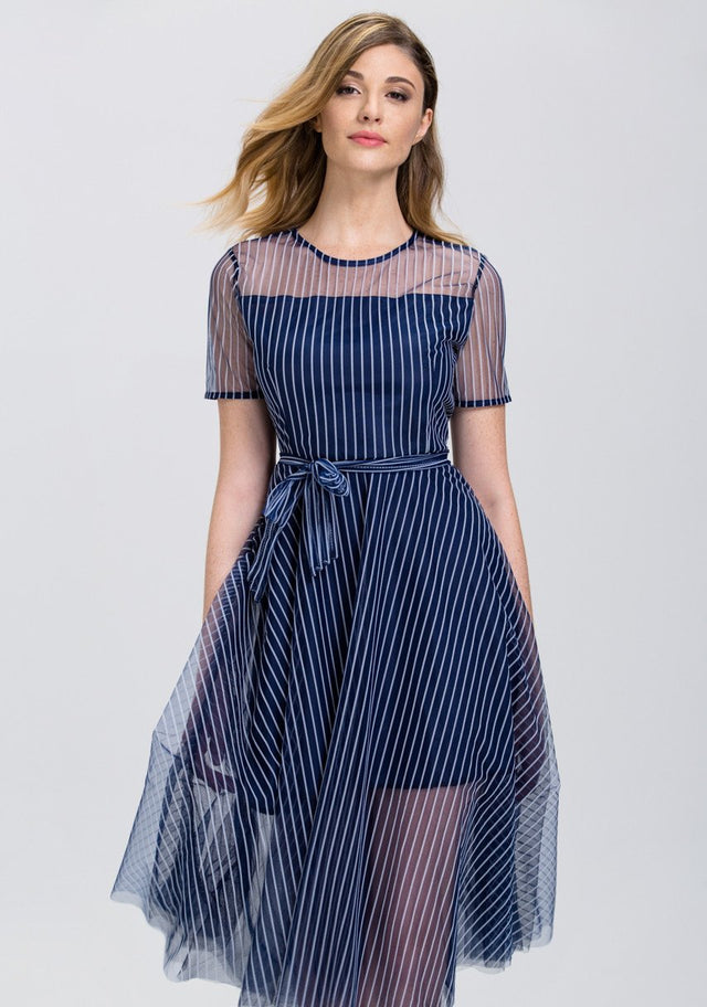 Navy Blue Stripe (Soft Tulle )Sheer Sleeve Midi Dress