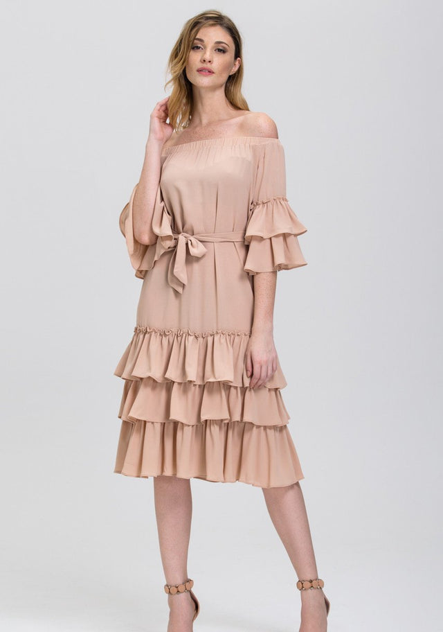 Nude Chiffon Tiered Ruffle Hem off the Shoulder Midi Dress