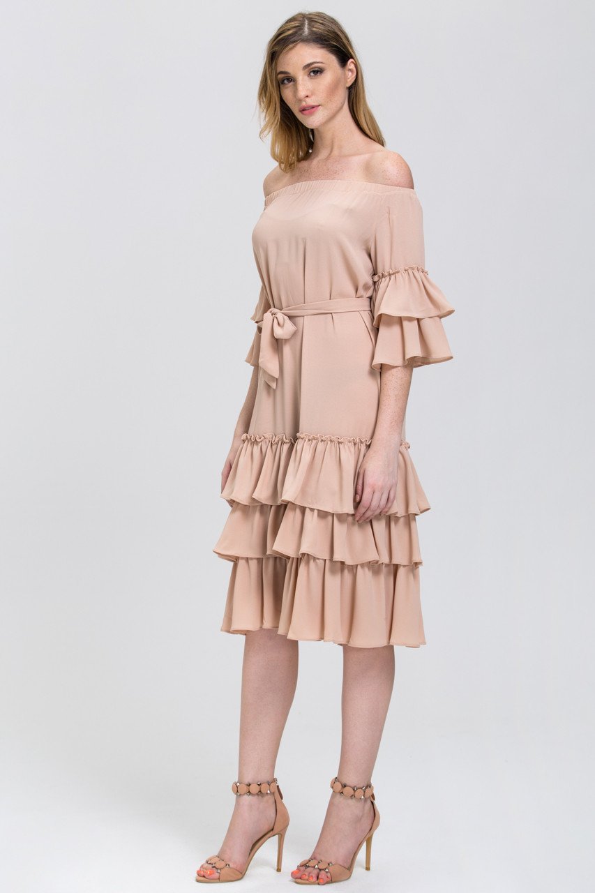 Nude Chiffon Tiered Ruffle Hem off the Shoulder Midi Dress