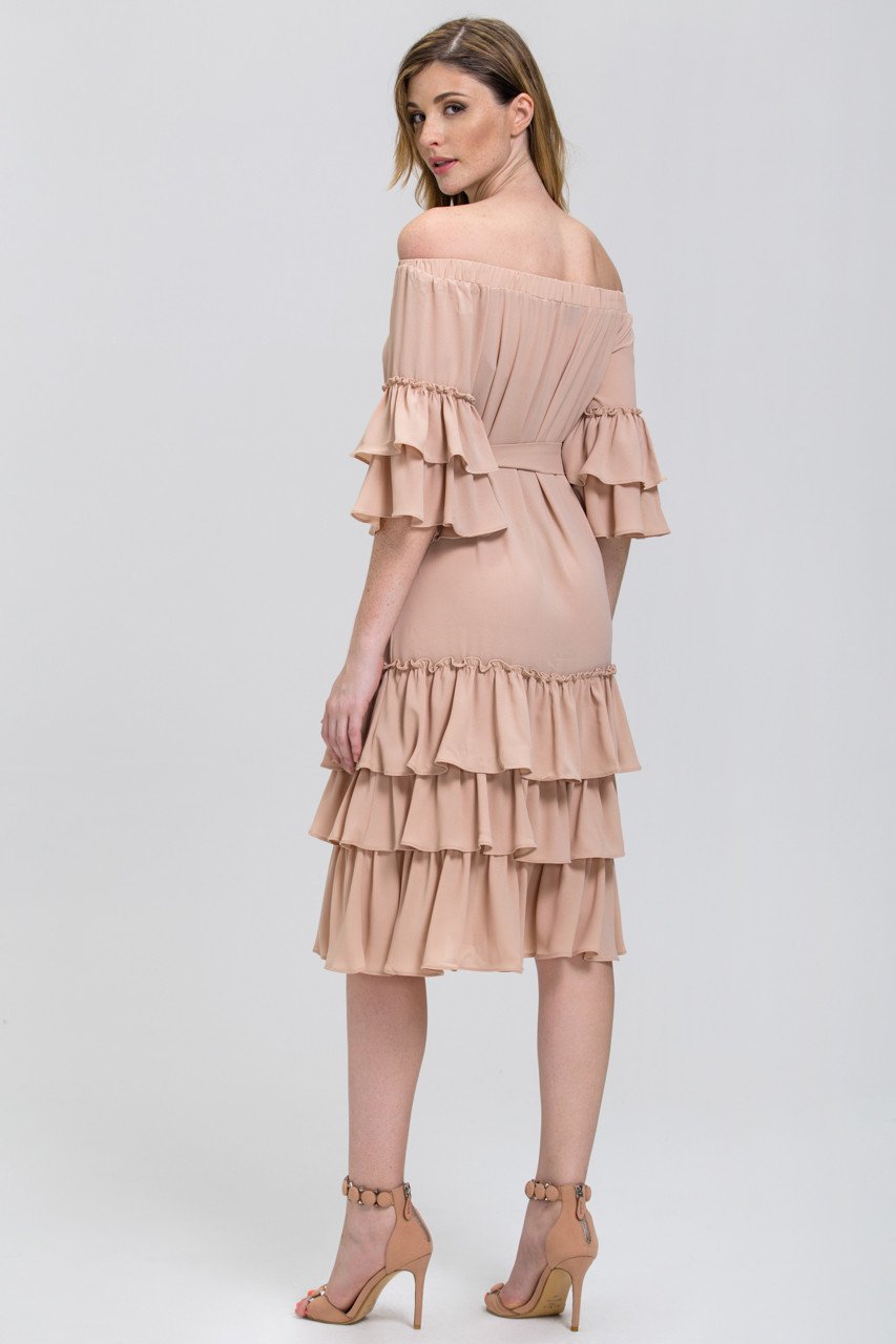 Nude Chiffon Tiered Ruffle Hem off the Shoulder Midi Dress