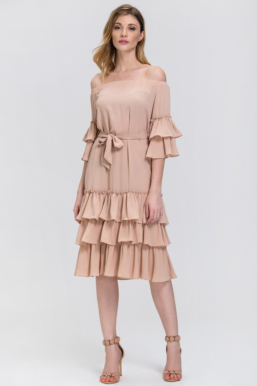 Nude Chiffon Tiered Ruffle Hem off the Shoulder Midi Dress
