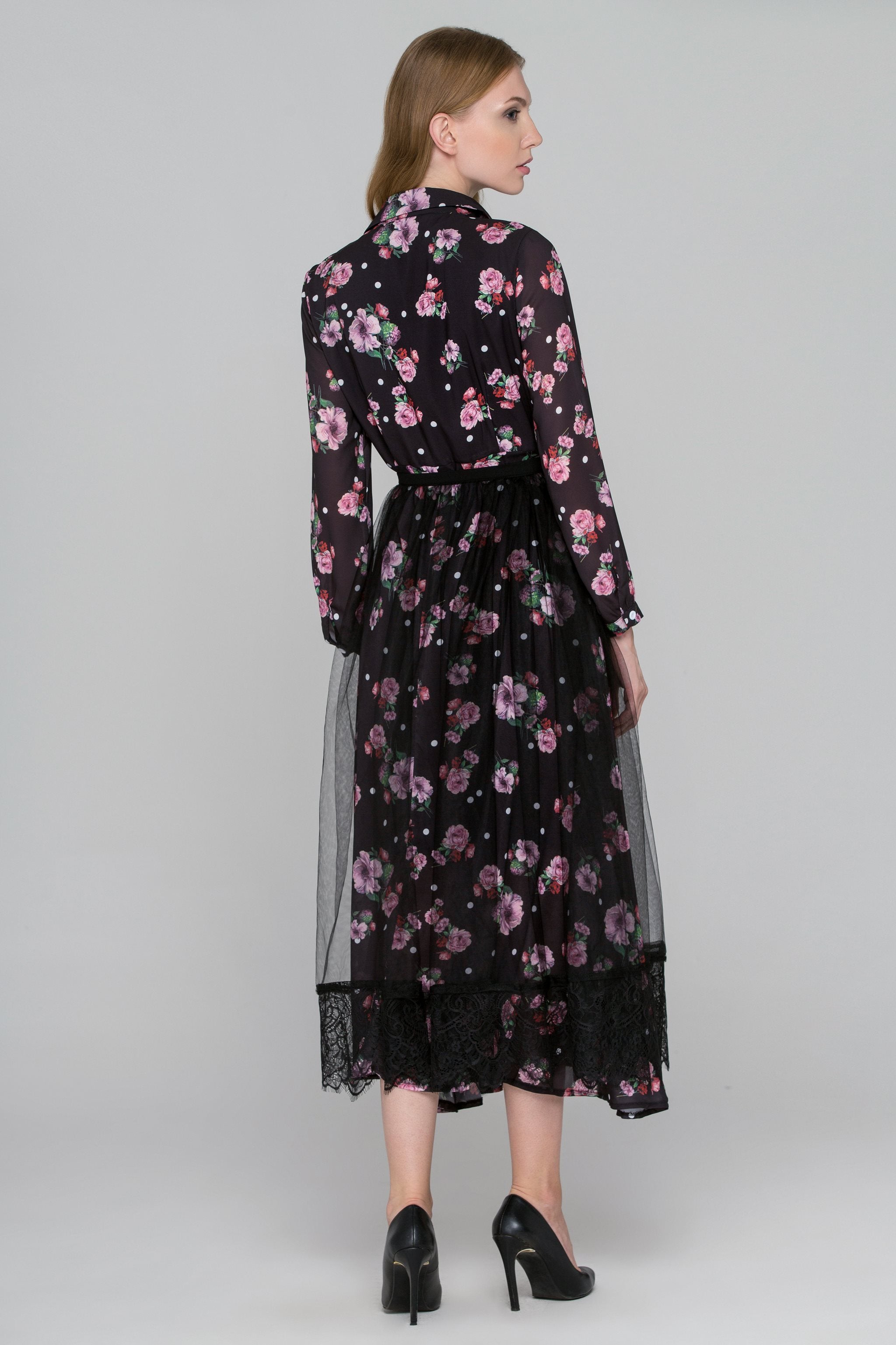 Black Floral Dots Tulle Layer Maxi Shirt Dress