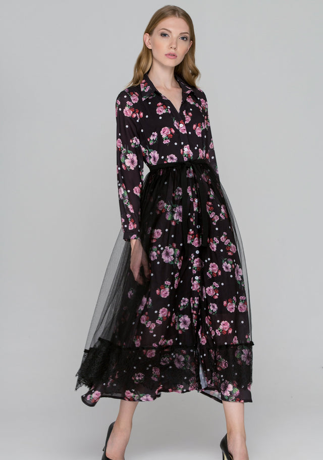 Black Floral Dots Tulle Layer Maxi Shirt Dress