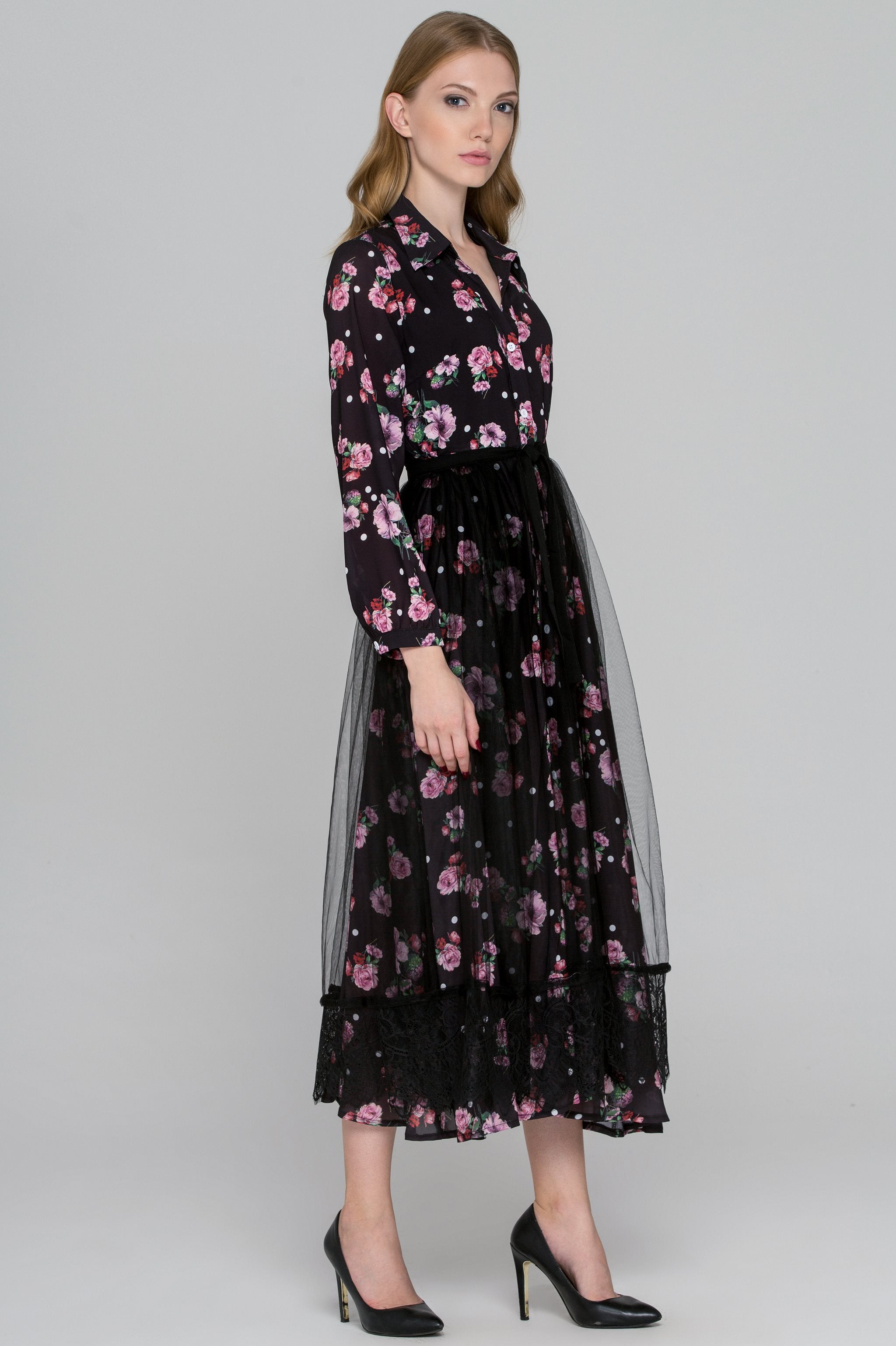 Black Floral Dots Tulle Layer Maxi Shirt Dress