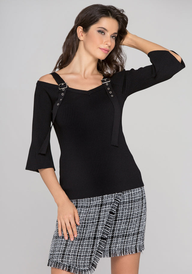 Black Knit Flare Sleeve Belt Strap Top