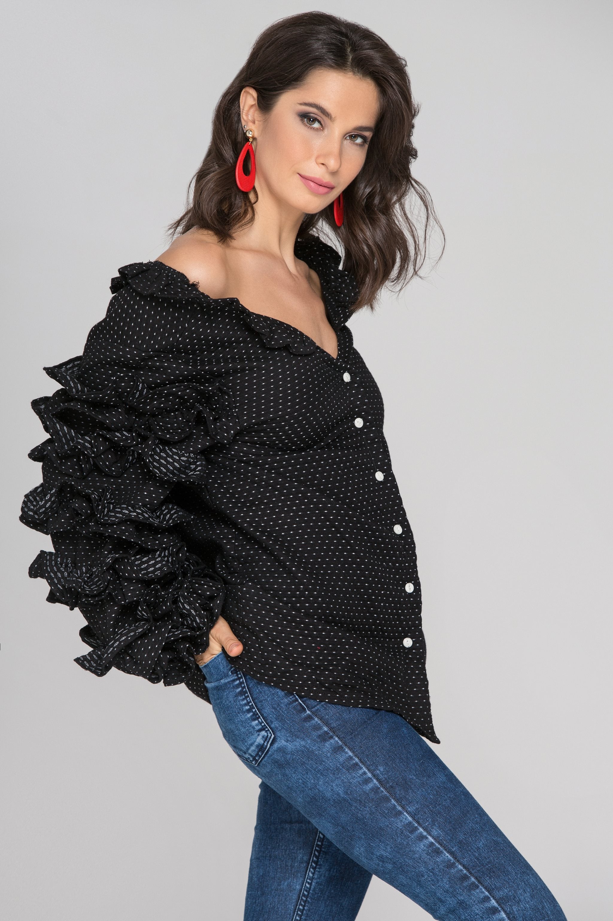 Dana Al Tuwairsh - Black Ruffle Sleeve Cardigan