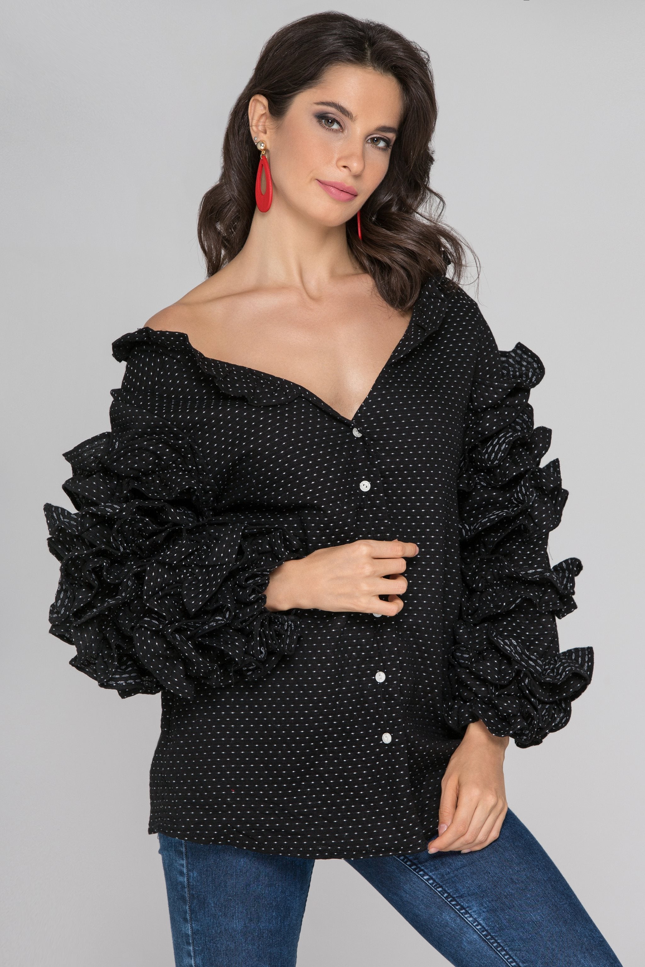 Dana Al Tuwairsh - Black Ruffle Sleeve Cardigan