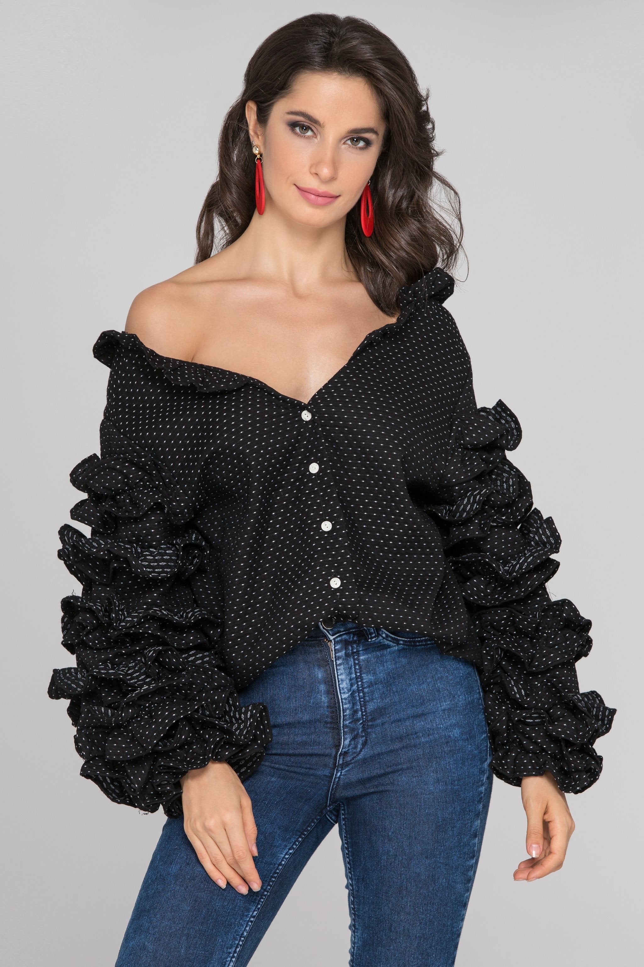 Dana Al Tuwairsh - Black Ruffle Sleeve Cardigan