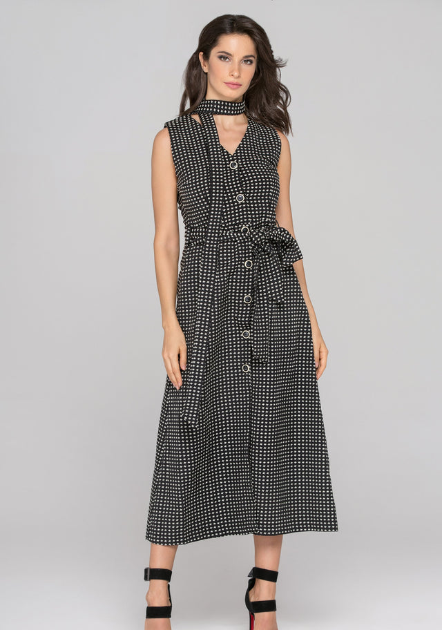 Black Sleeveless Reverse Houndstooth Button Up Midi Dress