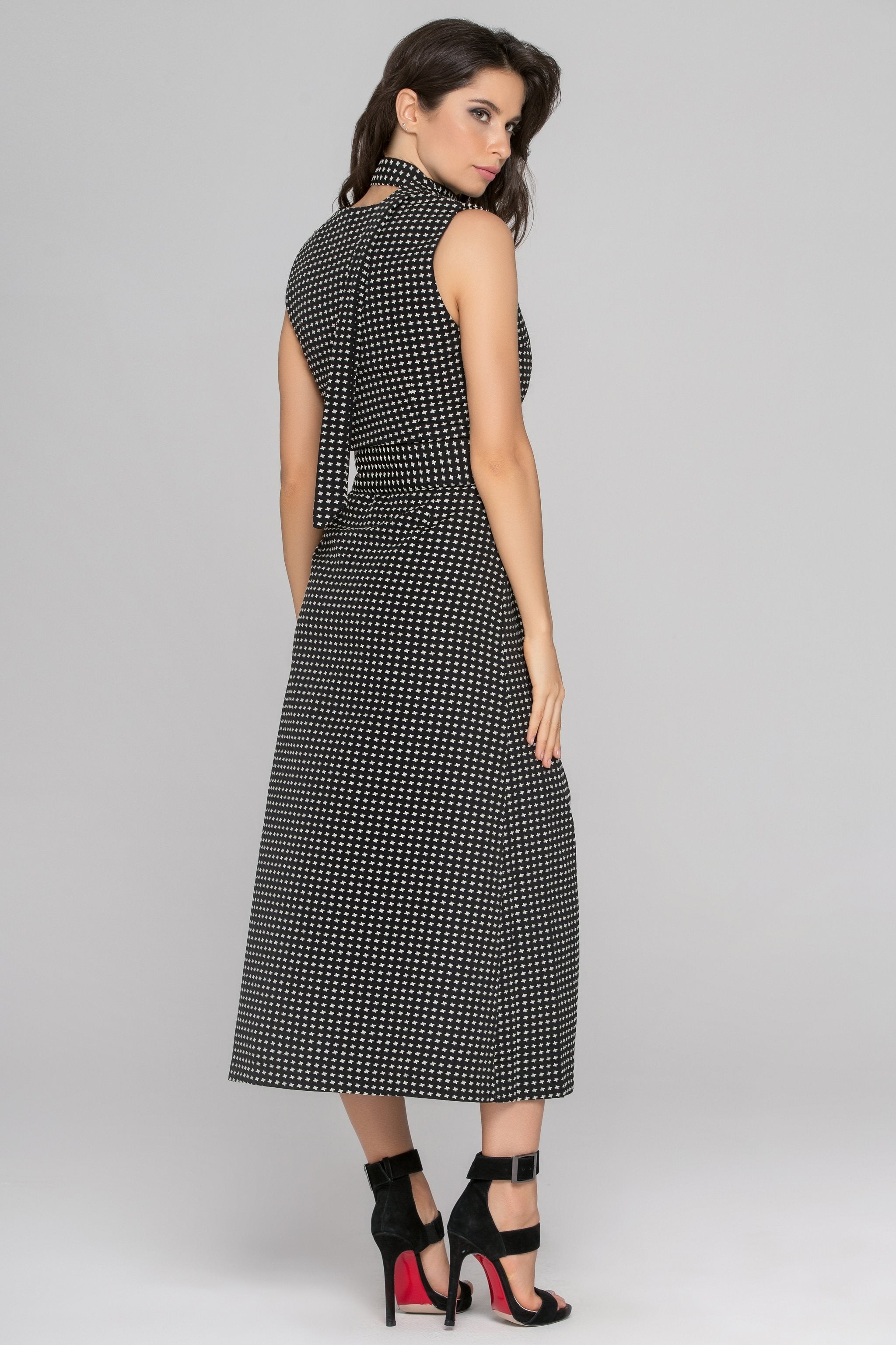 Black Sleeveless Reverse Houndstooth Button Up Midi Dress