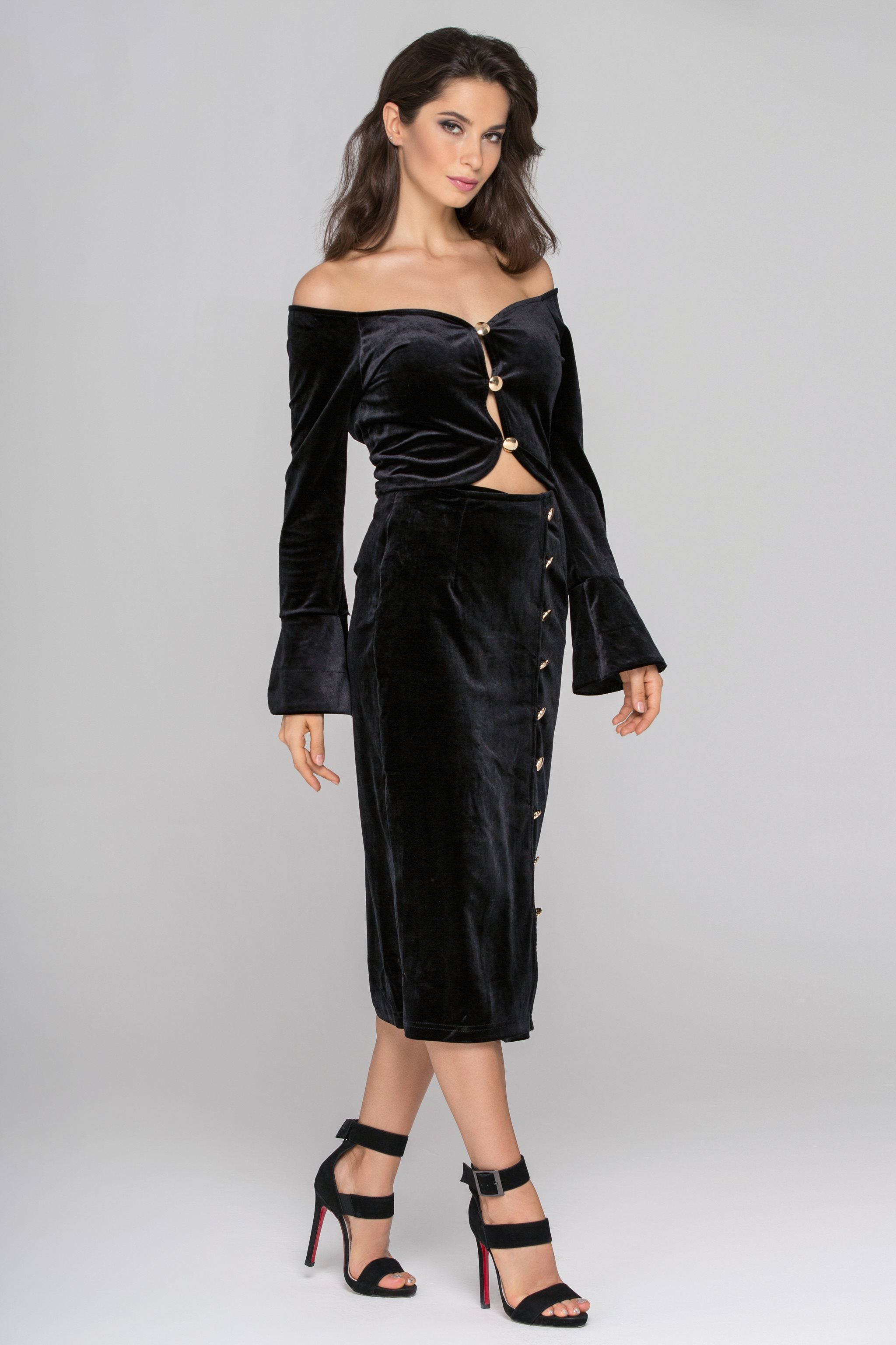 Black Velvet Flare Sleeves Two Piece Midi Dress