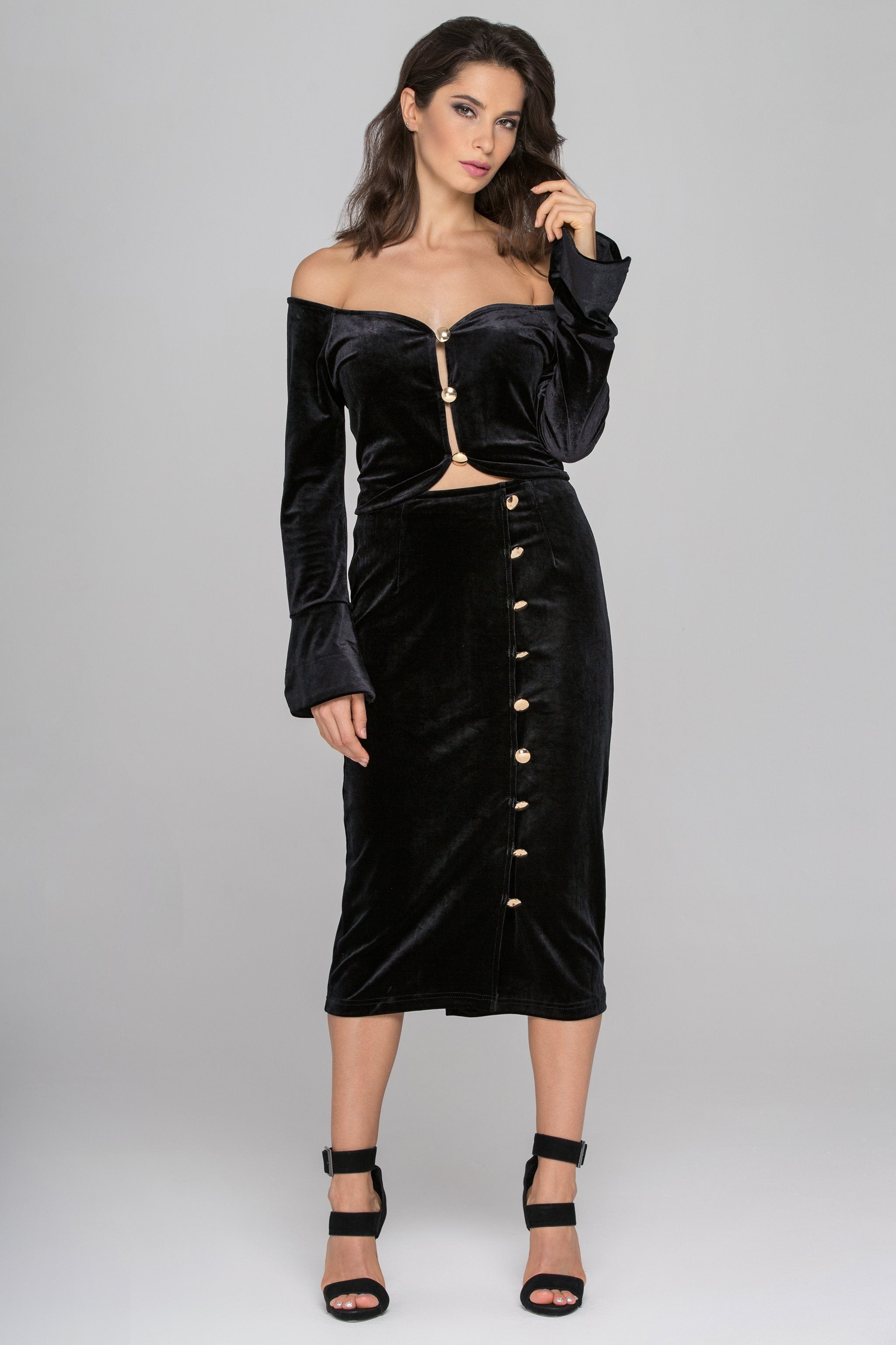 Black Velvet Flare Sleeves Two Piece Midi Dress