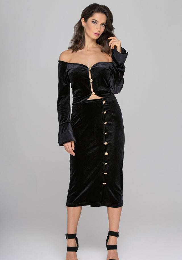 Black Velvet Flare Sleeves Two Piece Midi Dress
