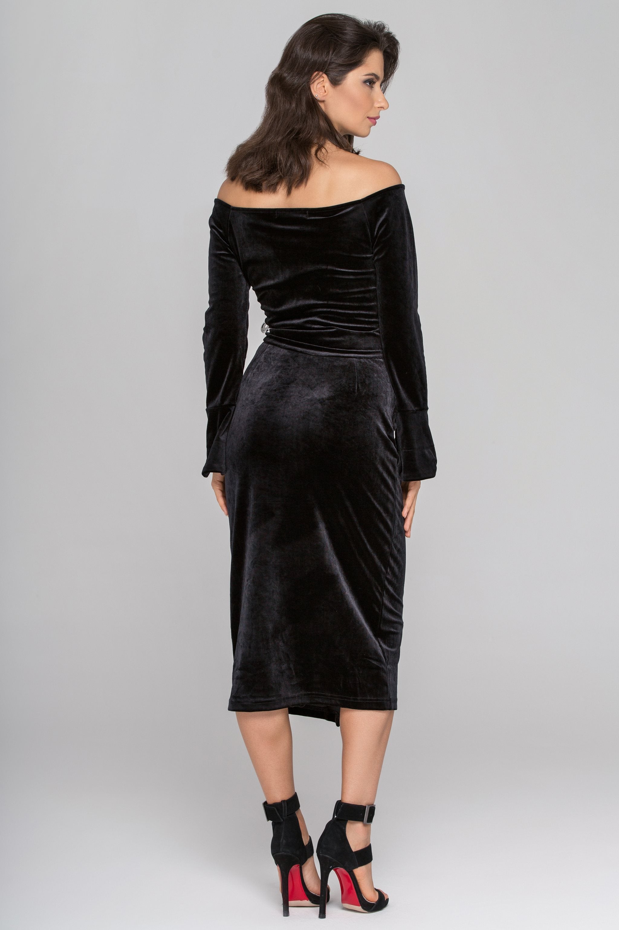 Black Velvet Flare Sleeves Two Piece Midi Dress