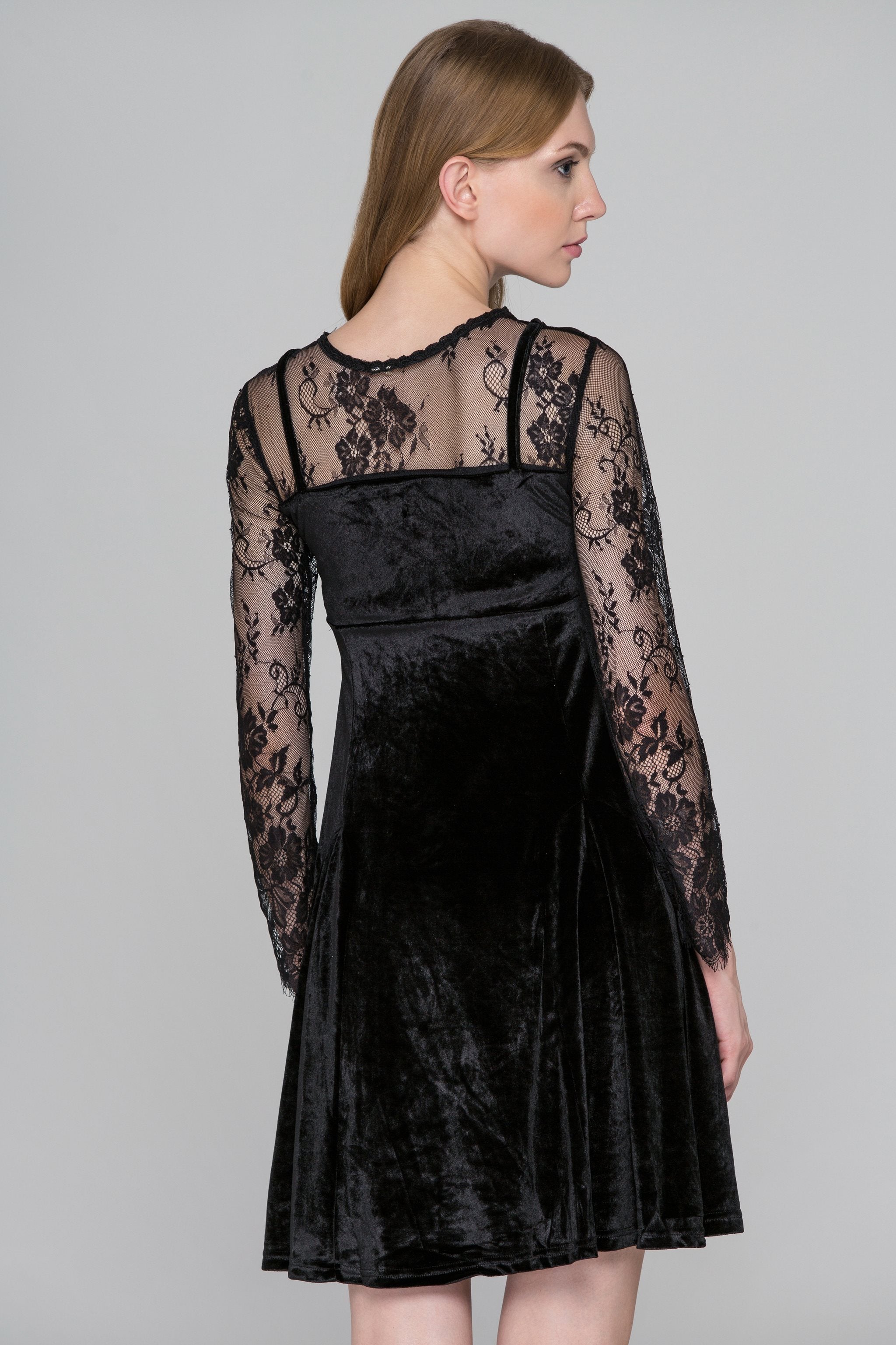 Black Velvet Lace Sleeves Mini Dress
