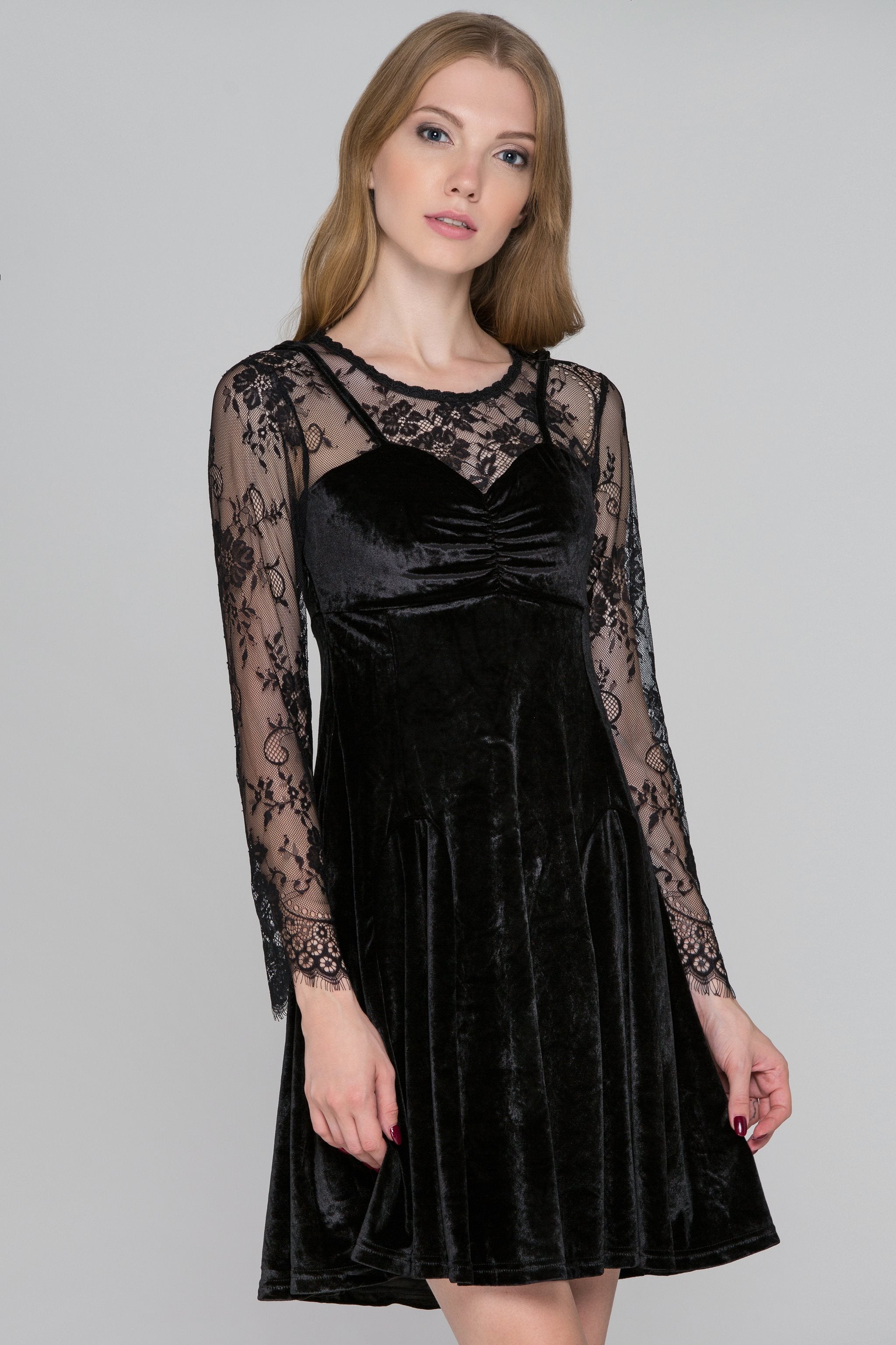 Black Velvet Lace Sleeves Mini Dress