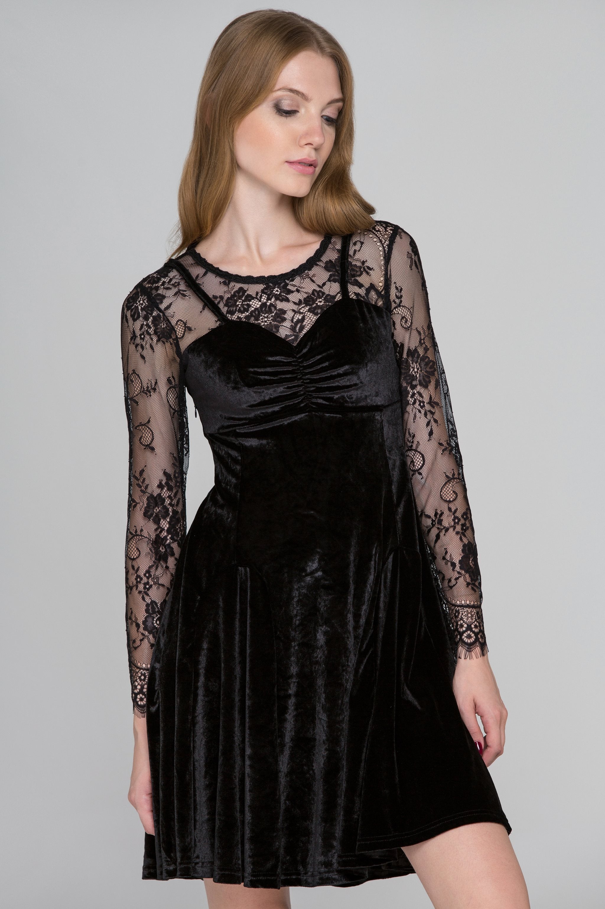 Black Velvet Lace Sleeves Mini Dress