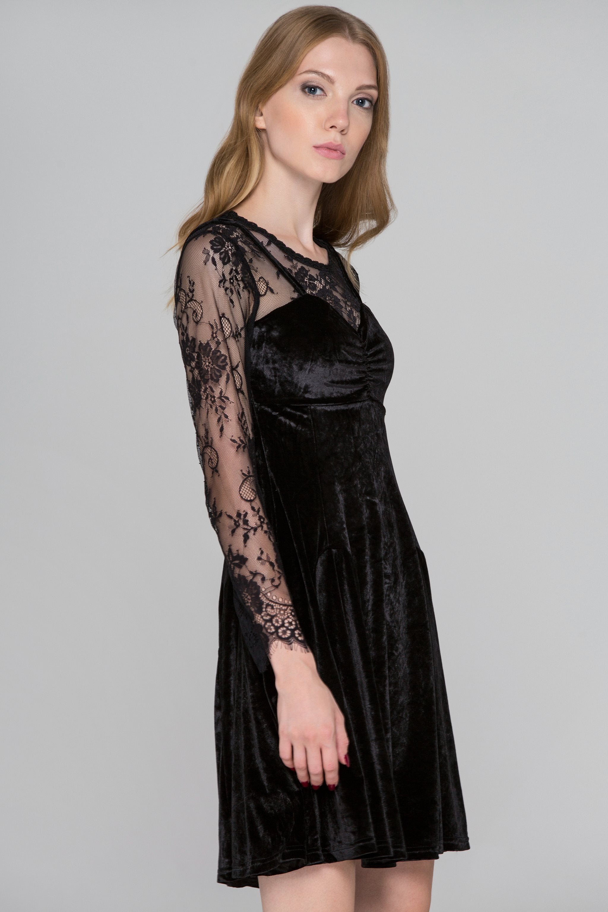 Black Velvet Lace Sleeves Mini Dress