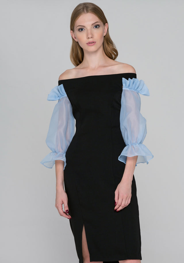 Black and Blue Sheer Ruffle Sleeve Midi Dress