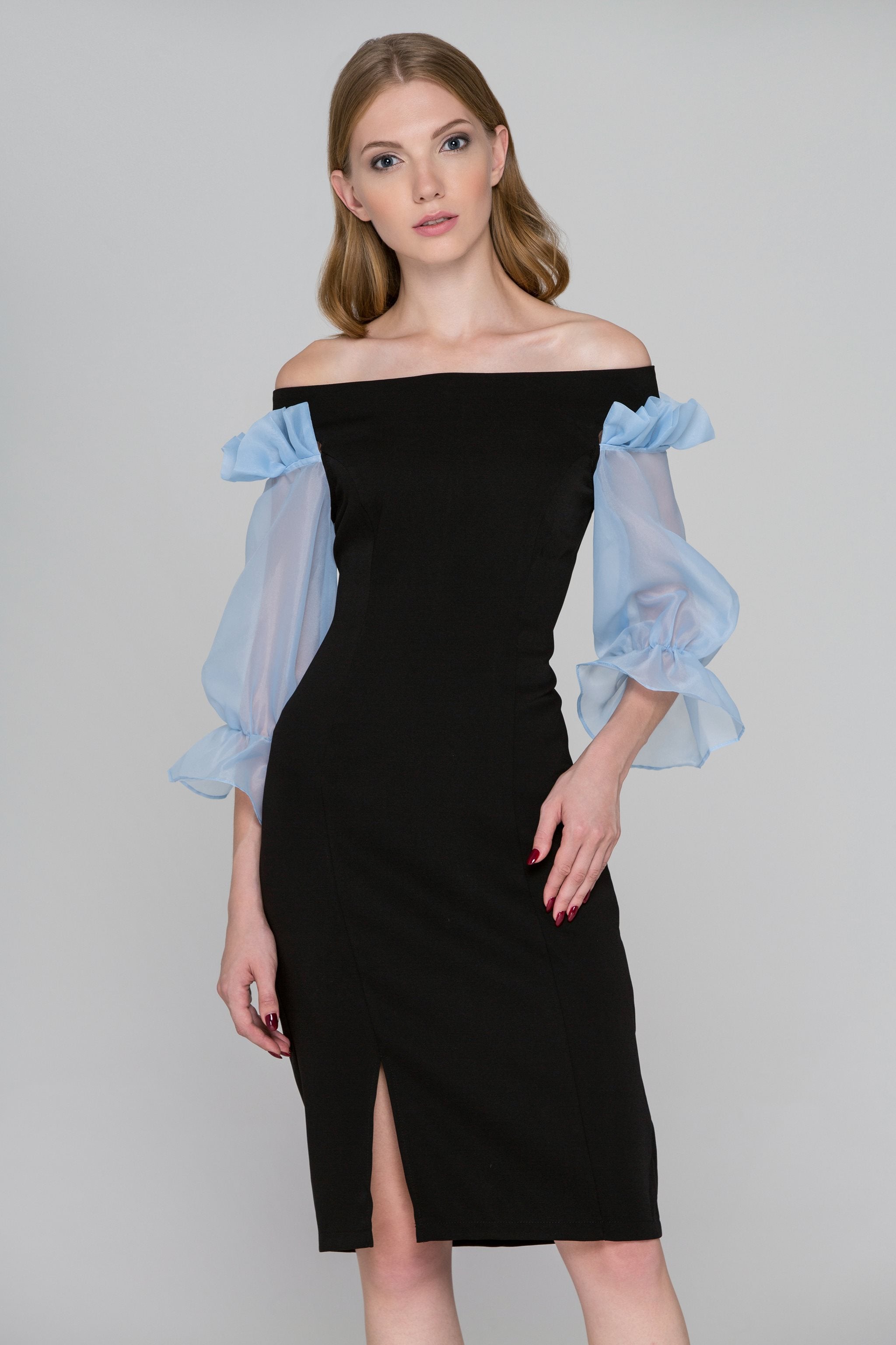 Black and Blue Sheer Ruffle Sleeve Midi Dress