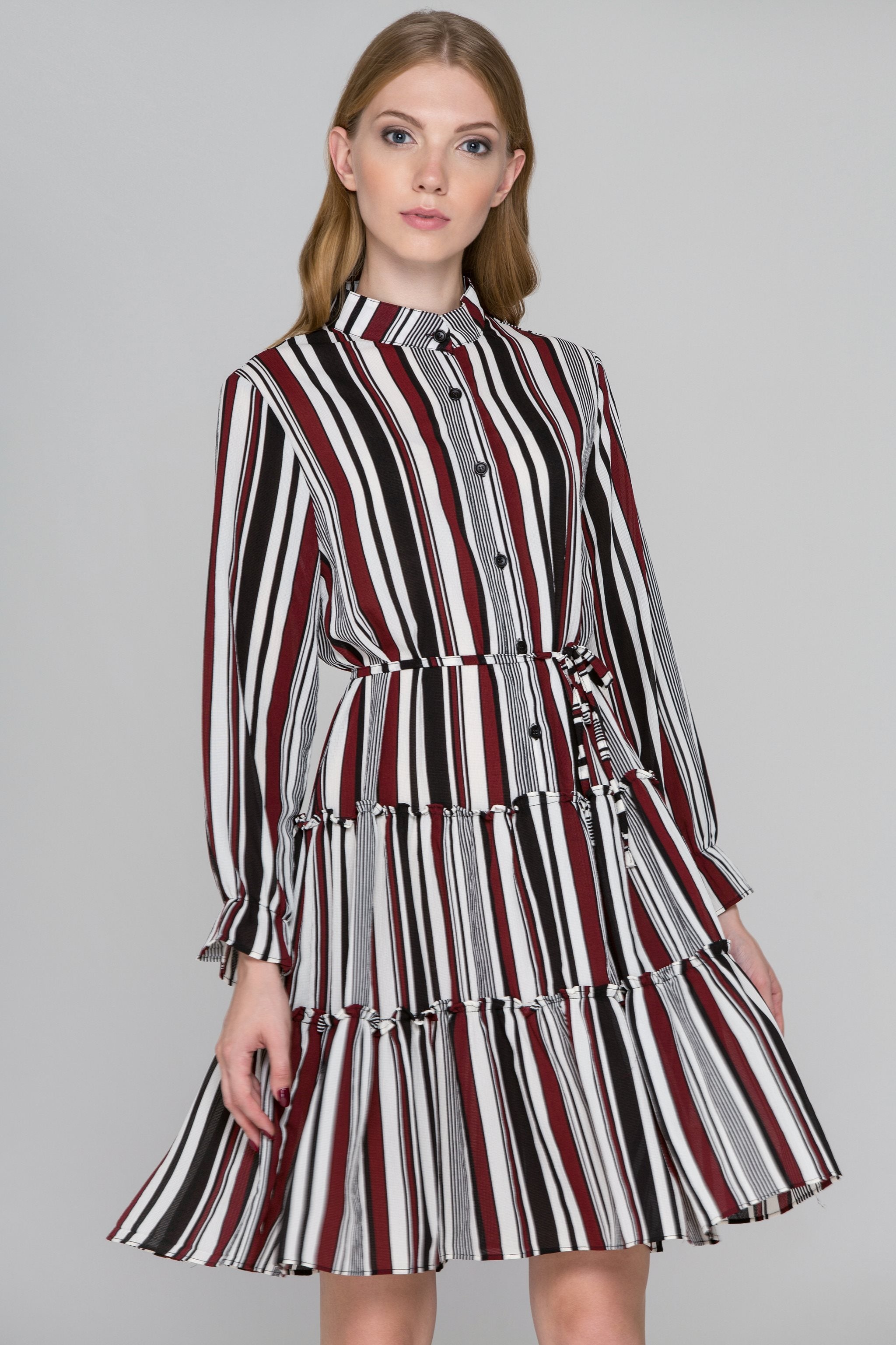 Dana AlTuwaish - Black and Maroon Stripe Ruffled Shirt Dress