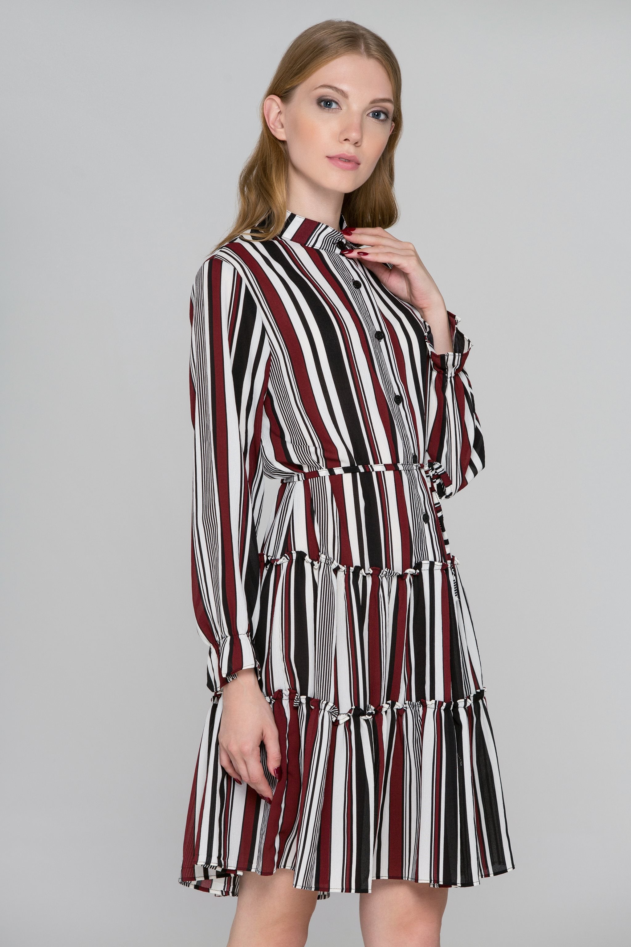 Dana AlTuwaish - Black and Maroon Stripe Ruffled Shirt Dress