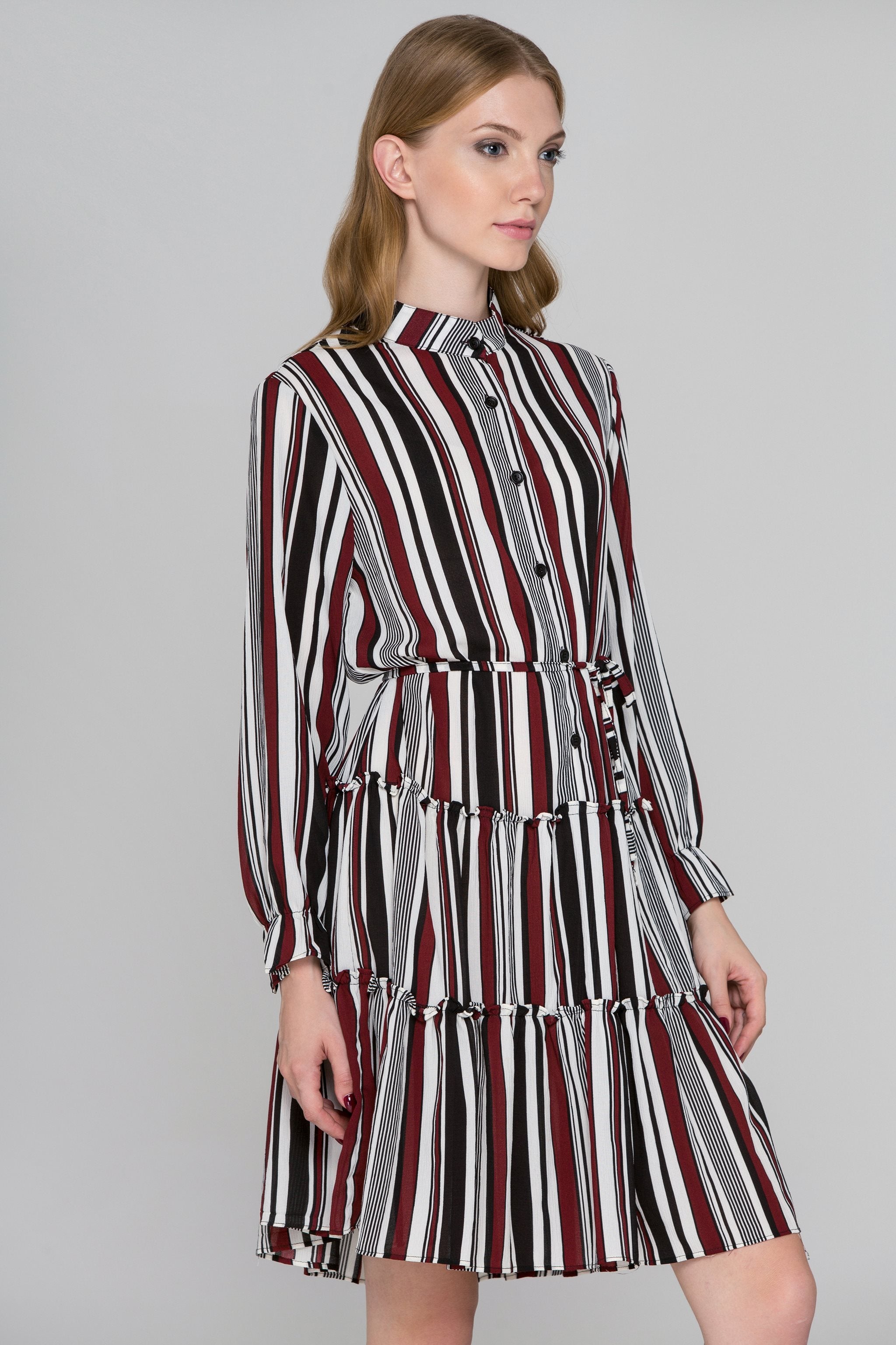 Dana AlTuwaish - Black and Maroon Stripe Ruffled Shirt Dress