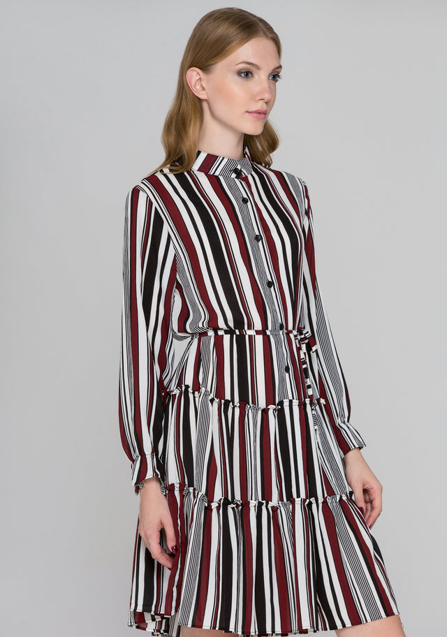 Dana AlTuwaish - Black and Maroon Stripe Ruffled Shirt Dress