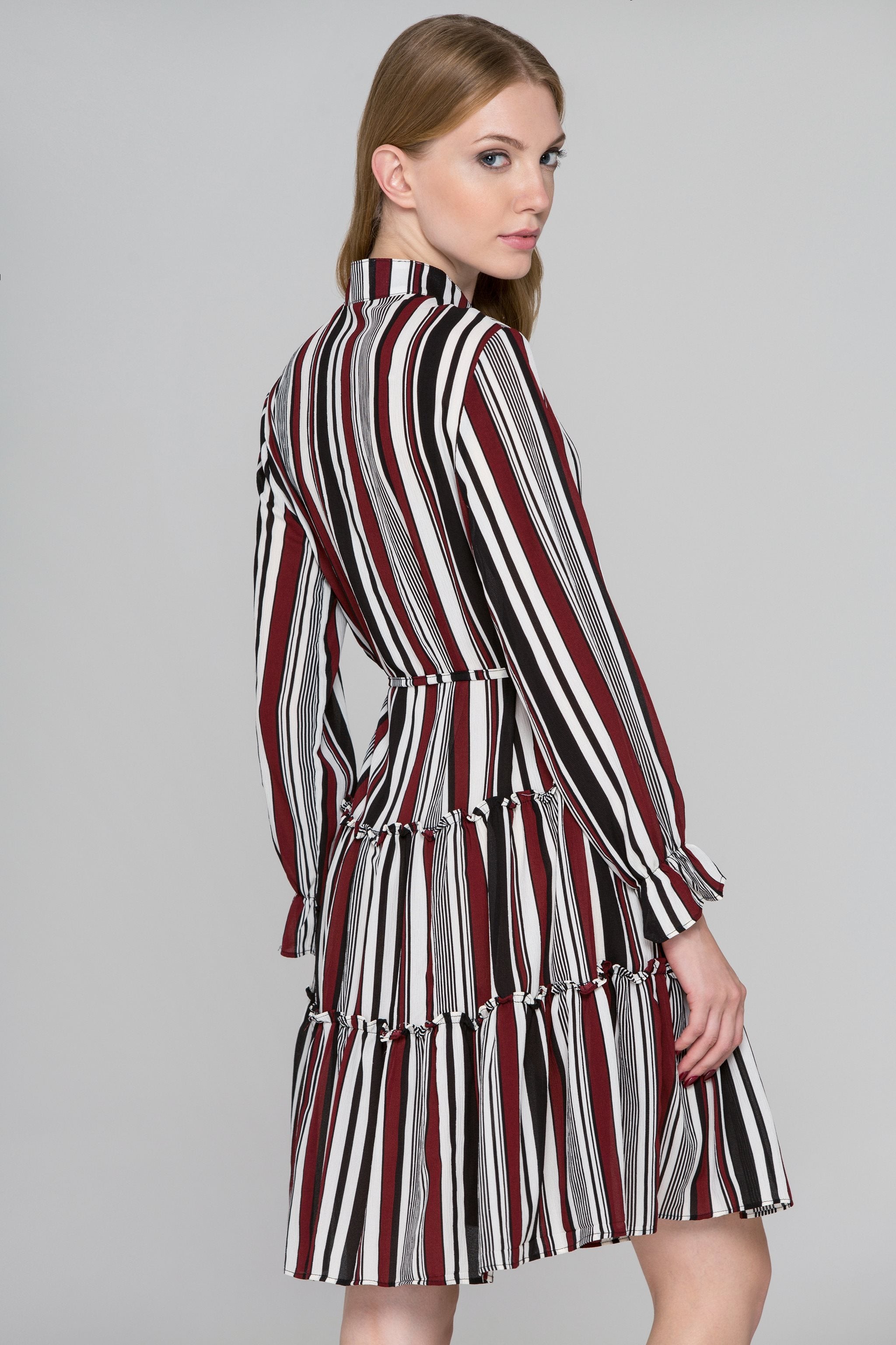 Dana AlTuwaish - Black and Maroon Stripe Ruffled Shirt Dress
