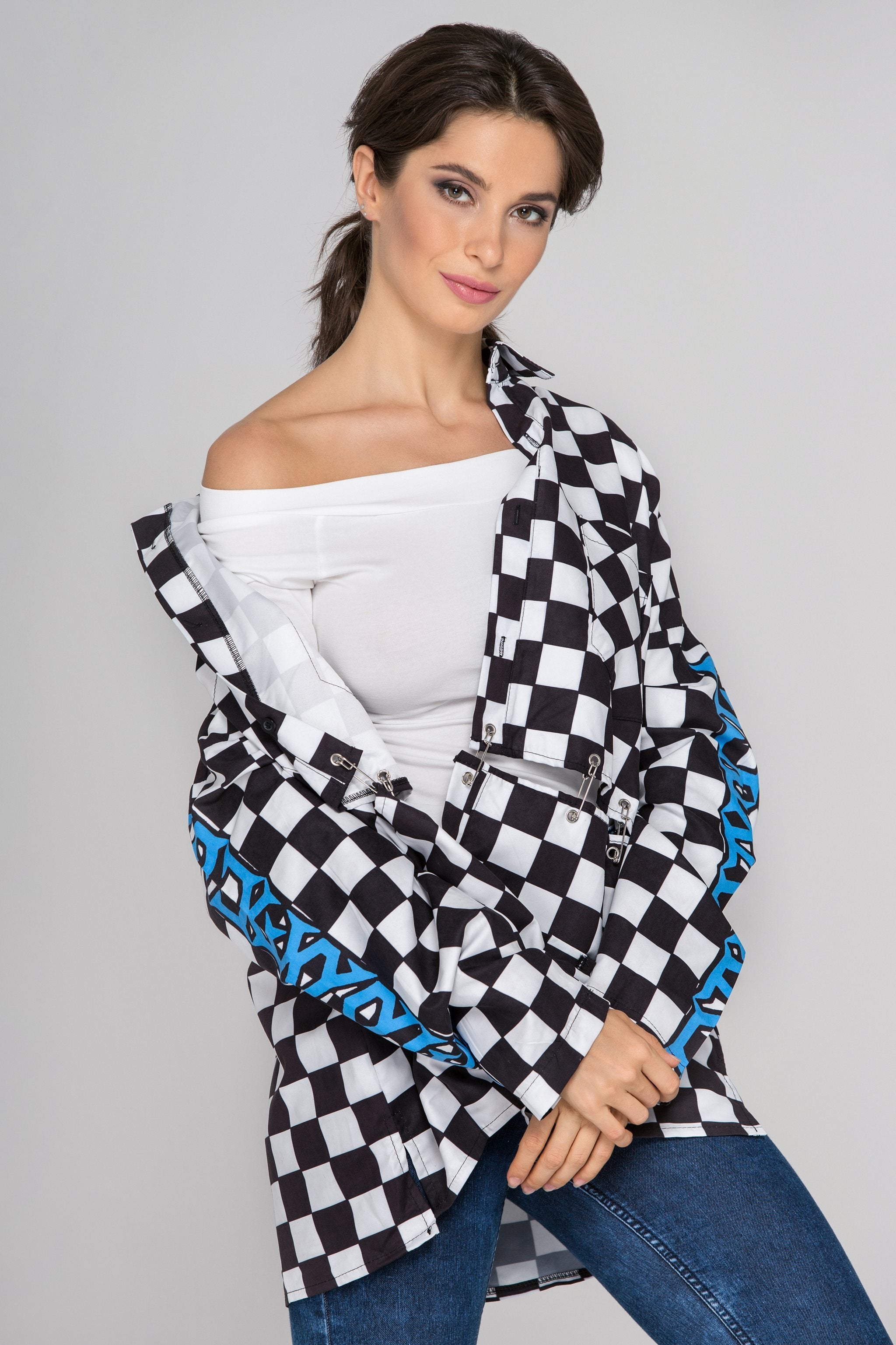 Black and White Checkered Sleeved Race Top