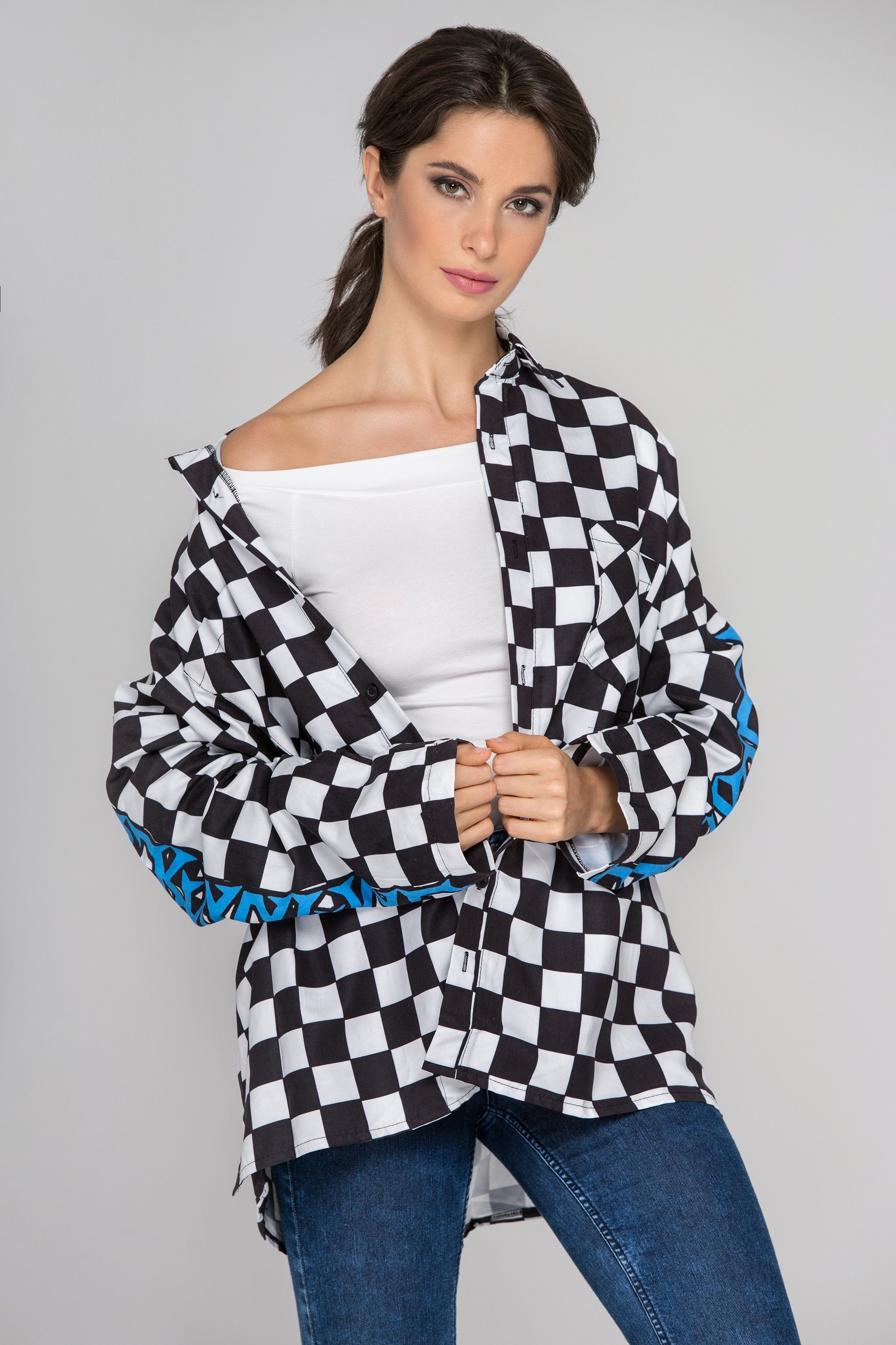 Black and White Checkered Sleeved Race Top