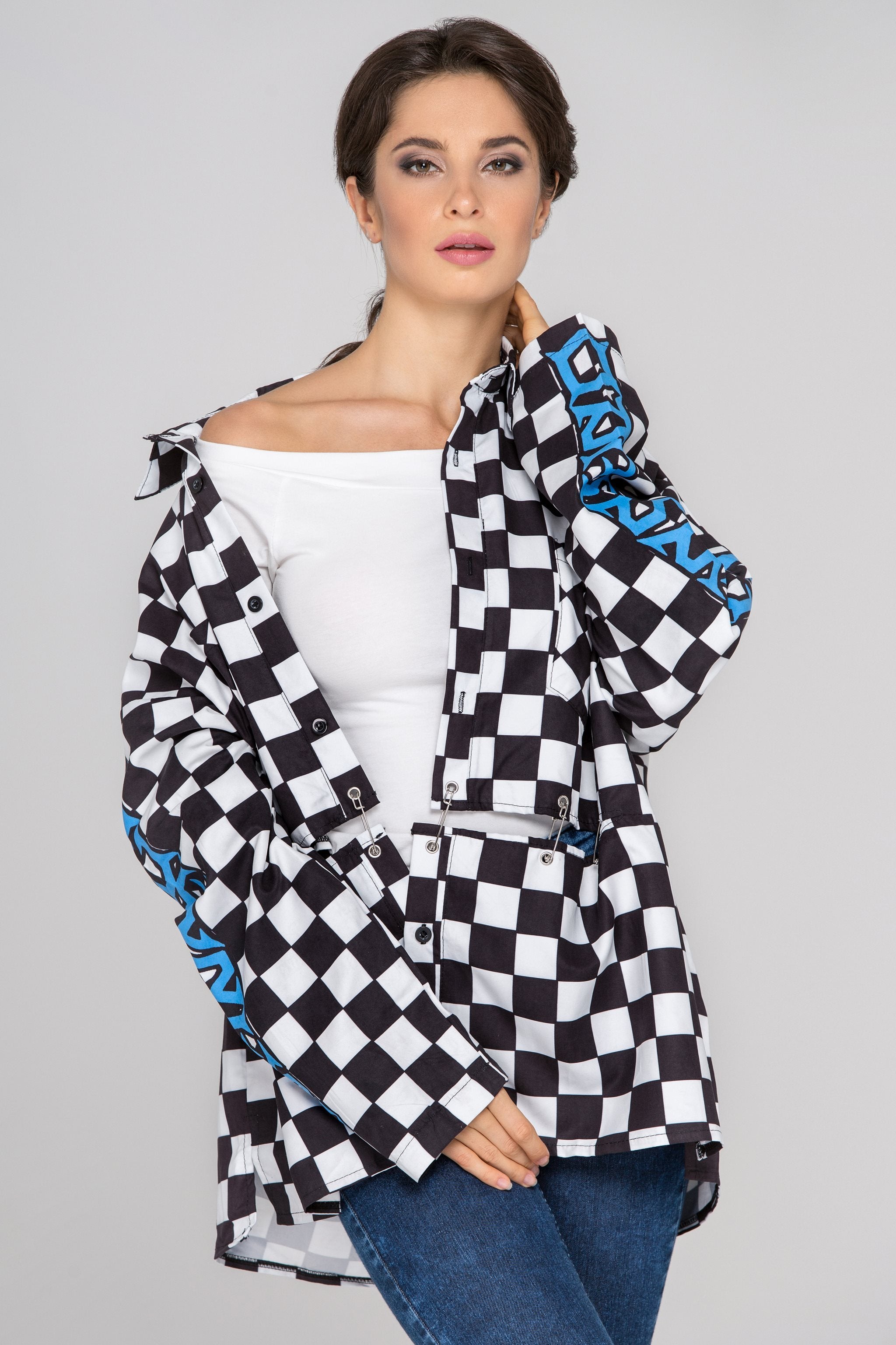 Black and White Checkered Sleeved Race Top