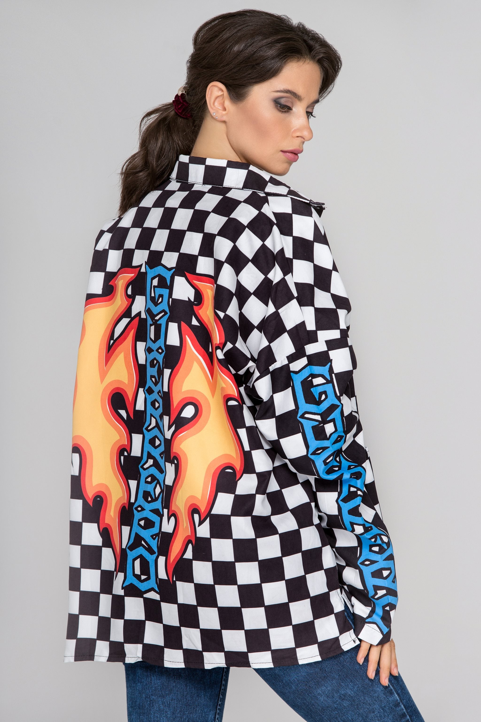 Black and White Checkered Sleeved Race Top