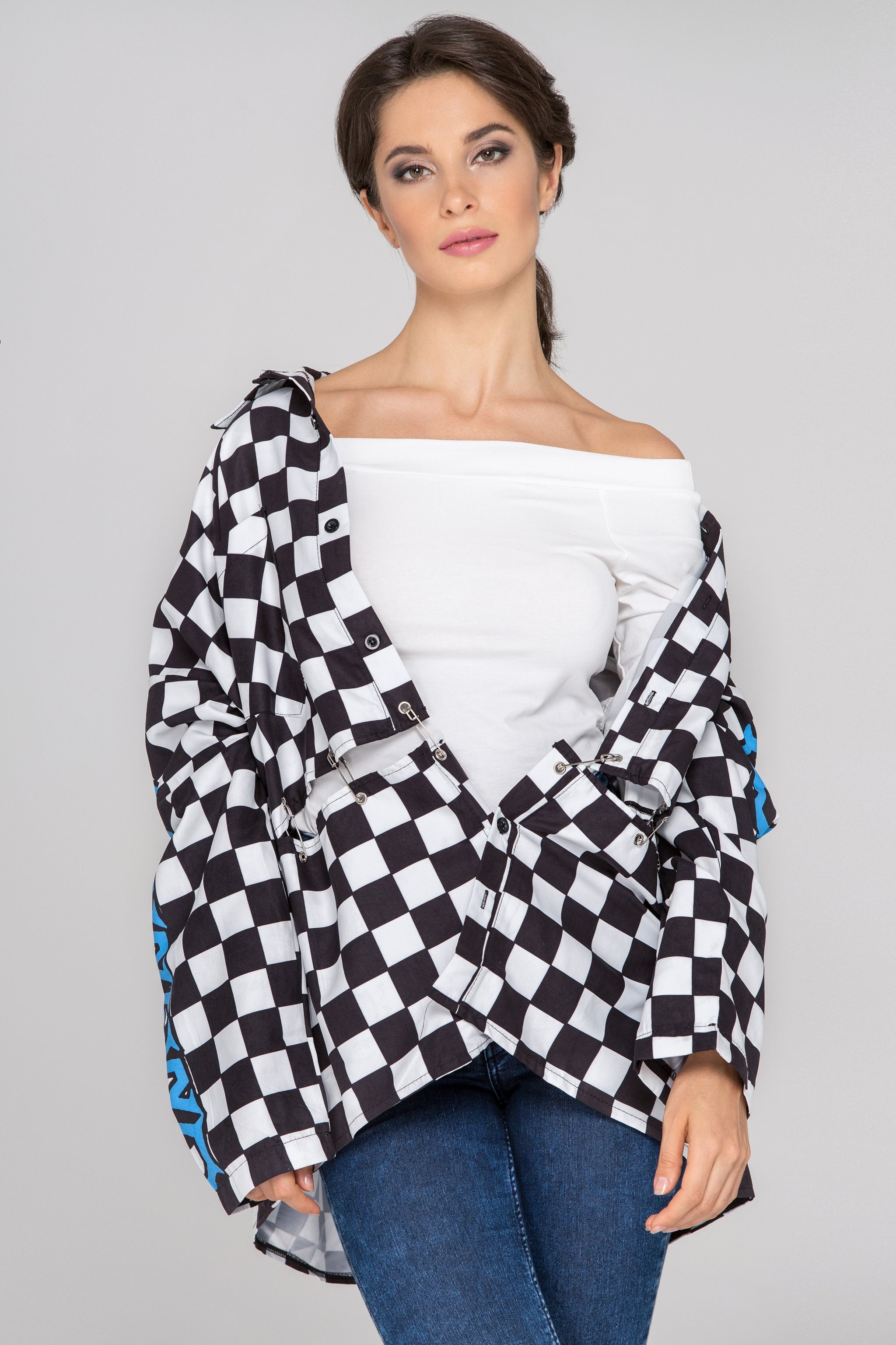 Black and White Checkered Sleeved Race Top