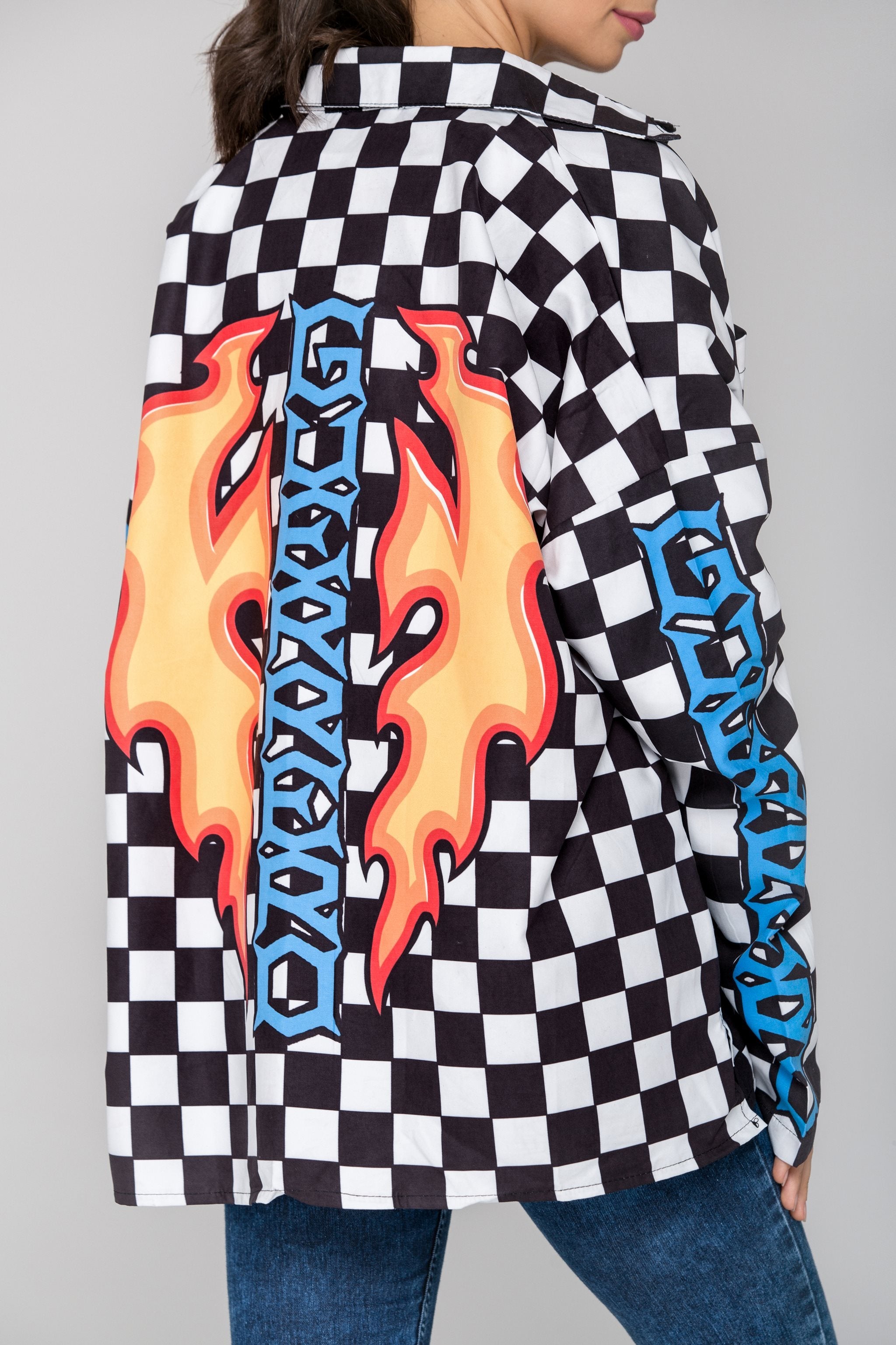 Black and White Checkered Sleeved Race Top